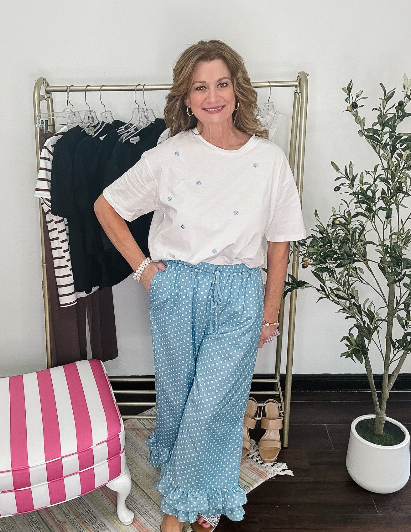 Polka Dot Ruffle Hem Cropped Pants - Light Denim