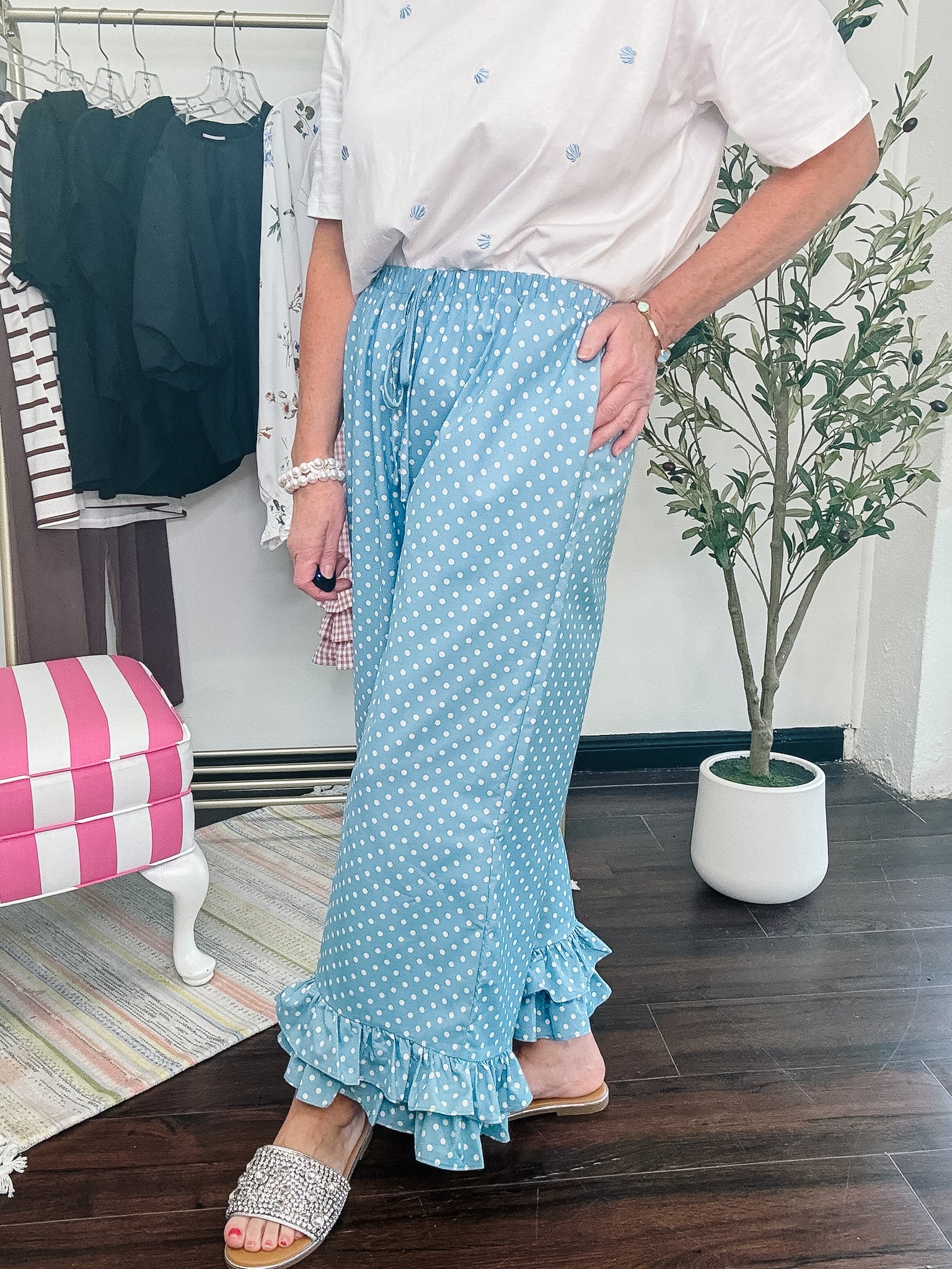 Polka Dot Ruffle Hem Cropped Pants - Light Denim