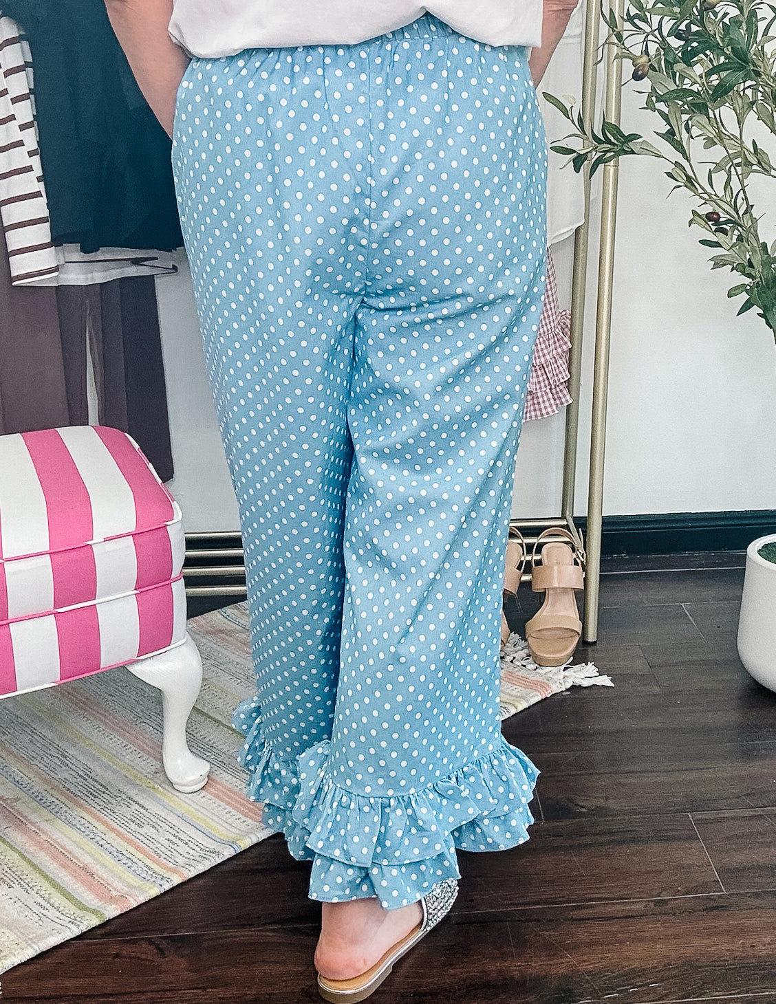 Polka Dot Ruffle Hem Cropped Pants - Light Denim