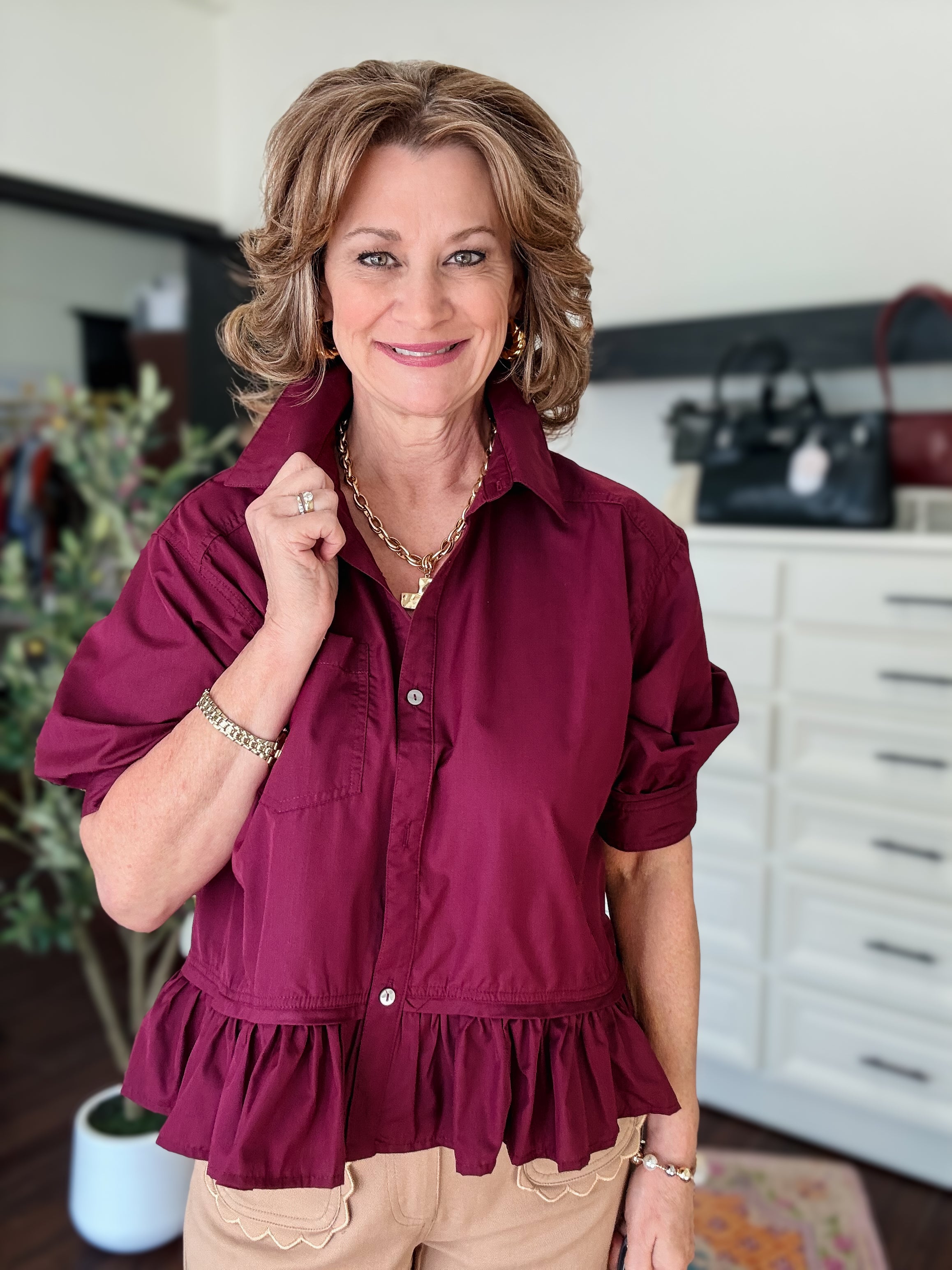 Ruffle Hem Classic Top-Merlot