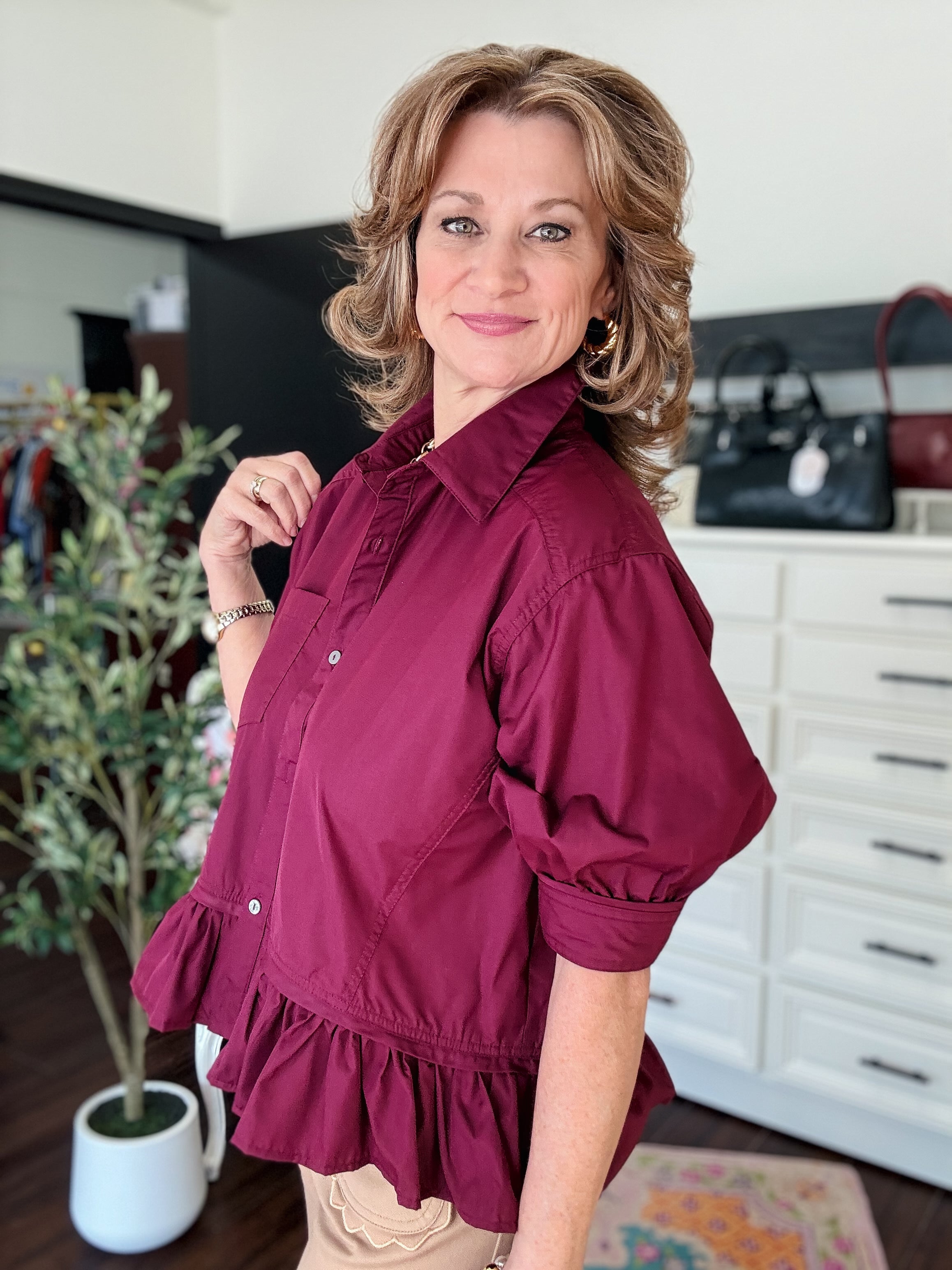 Ruffle Hem Classic Top-Merlot