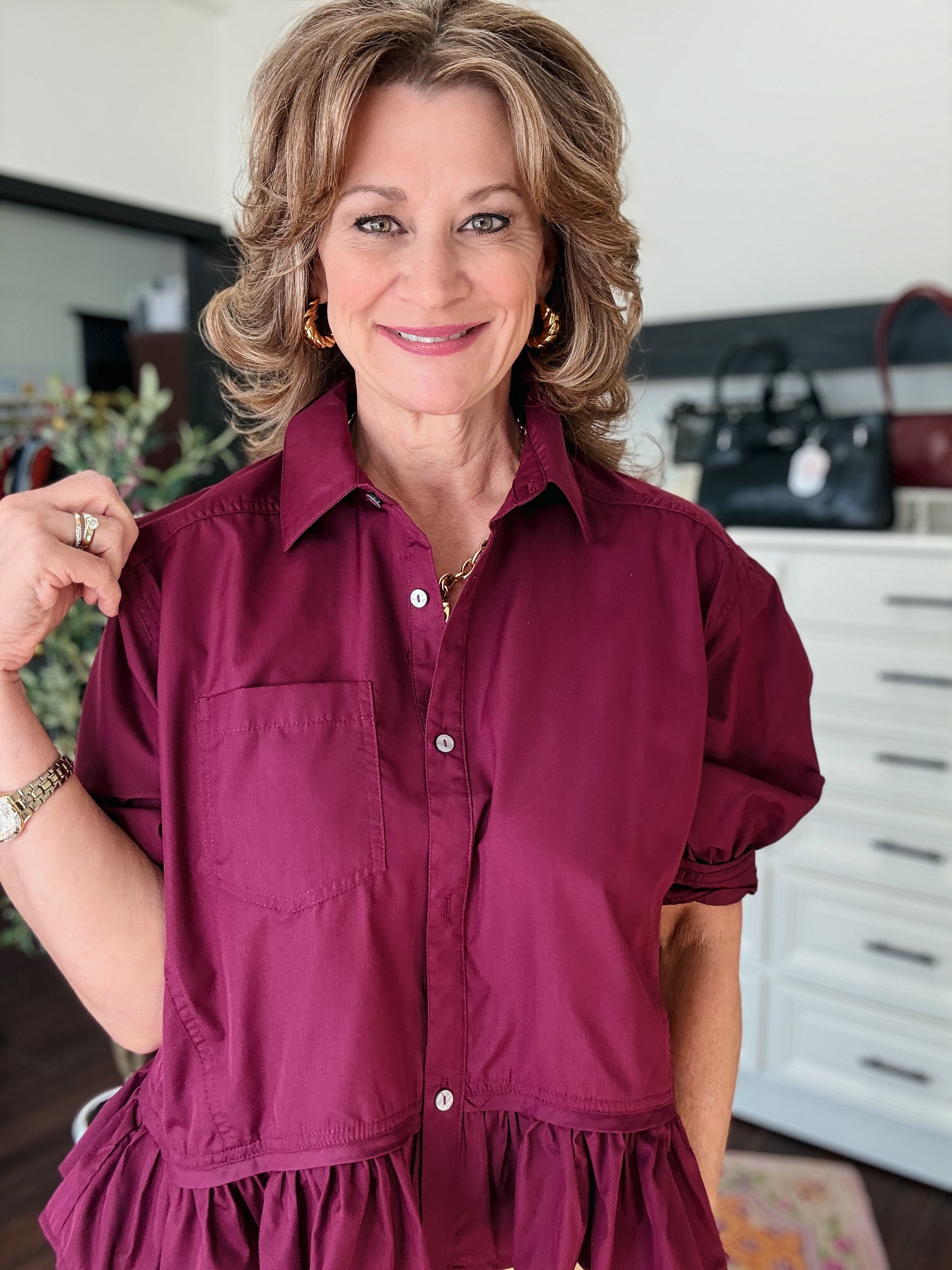 Ruffle Hem Classic Top-Merlot