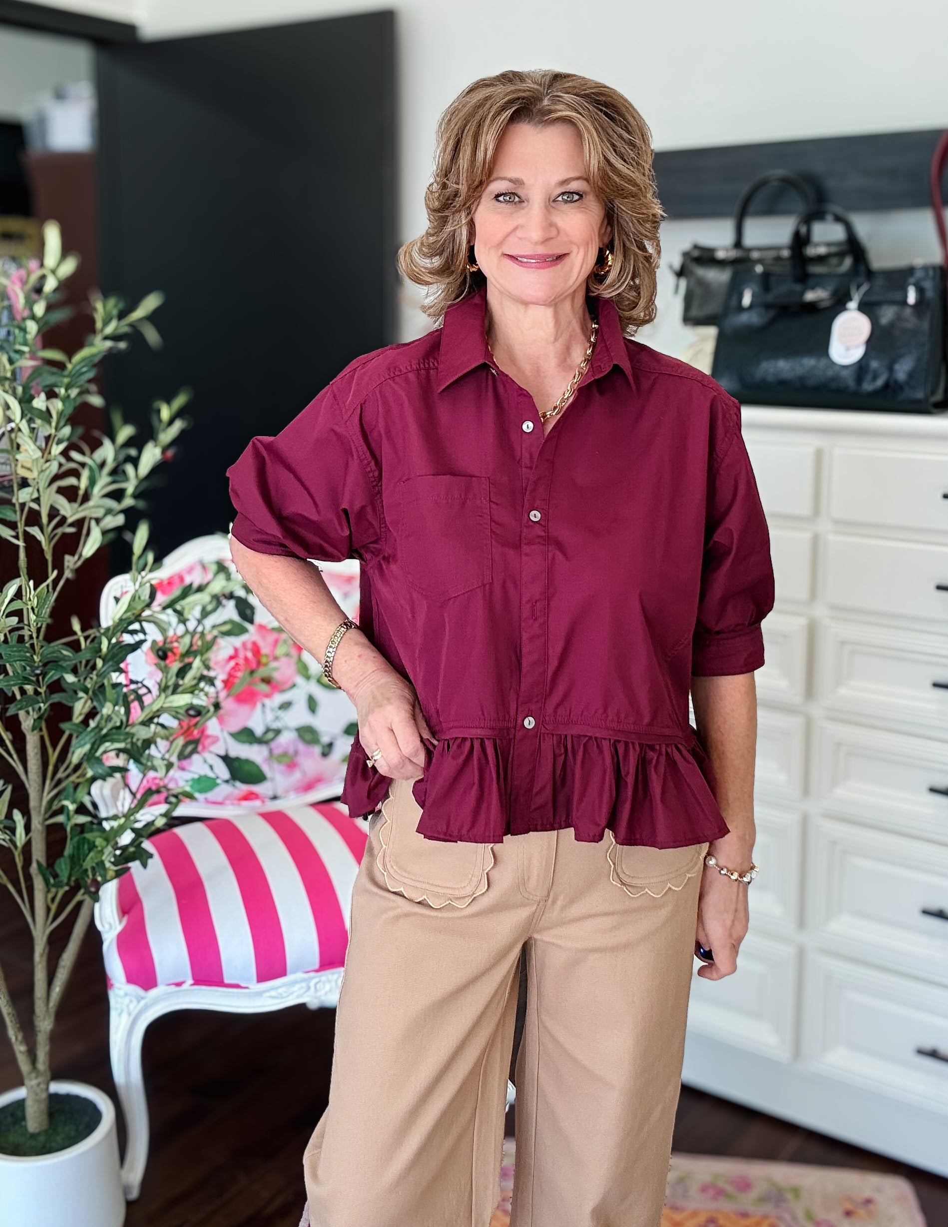 Ruffle Hem Classic Top-Merlot