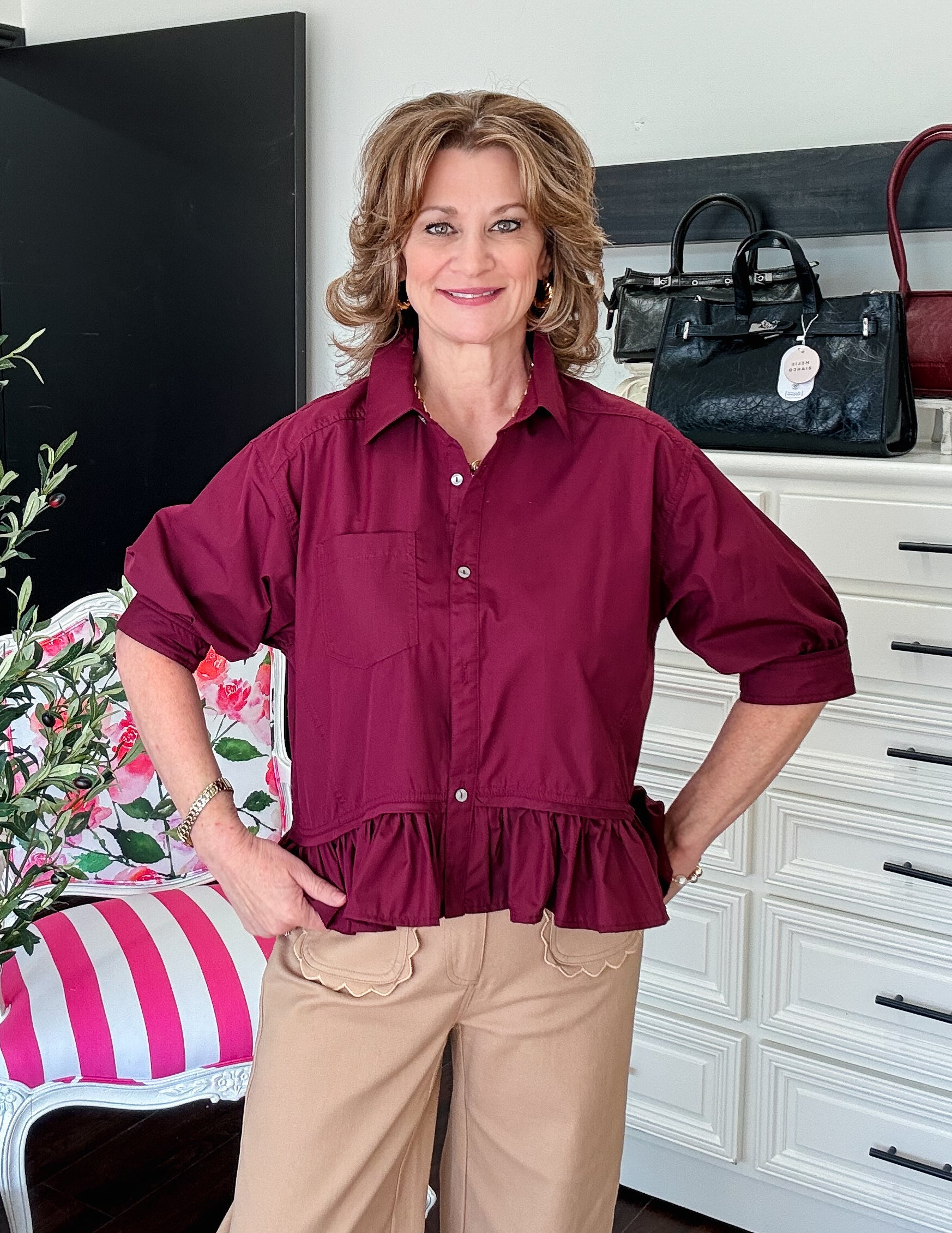 Ruffle Hem Classic Top-Merlot