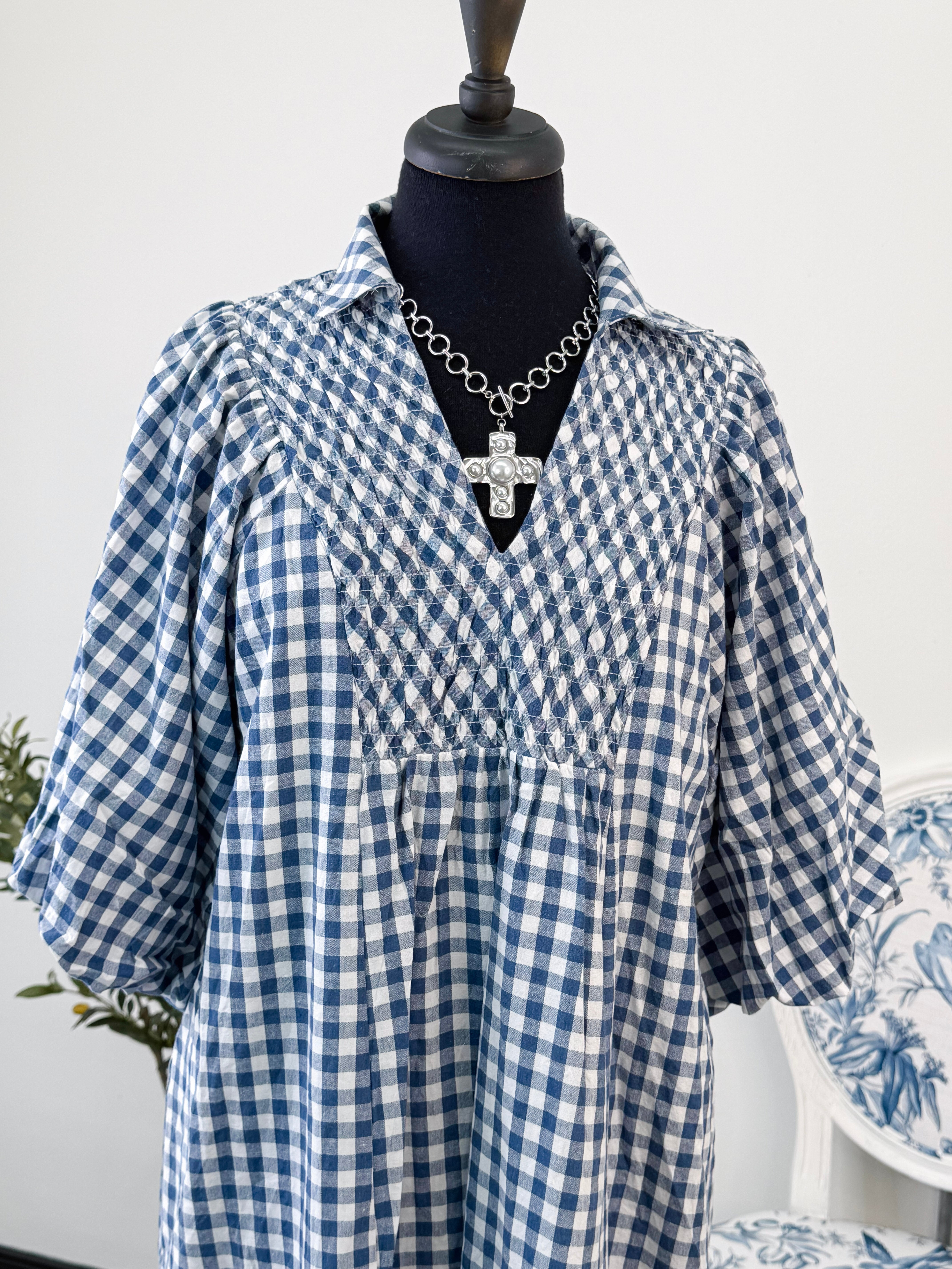 The Audrey Gingham Midi Dress-Denim Blue
