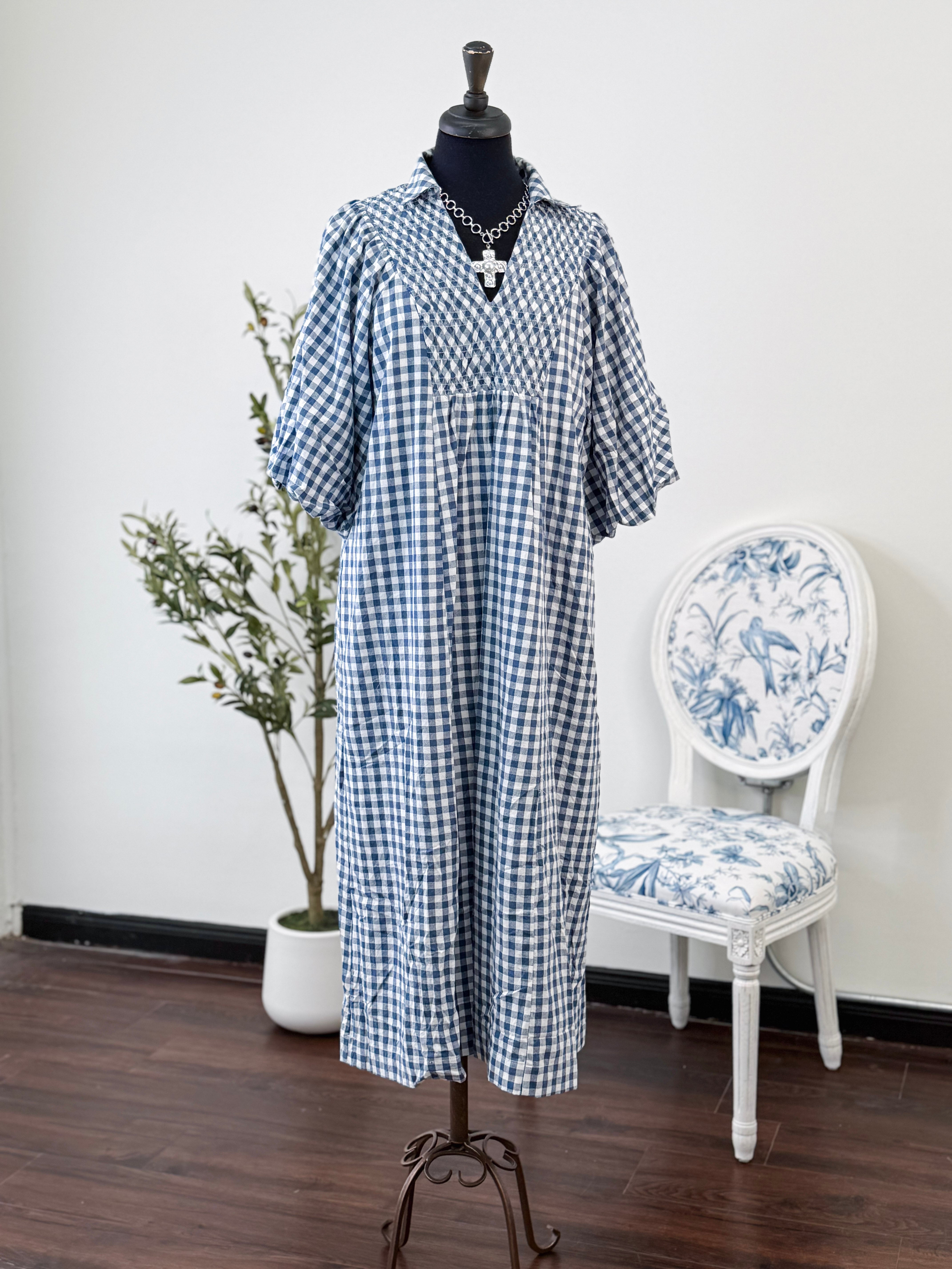 The Audrey Gingham Midi Dress-Denim Blue