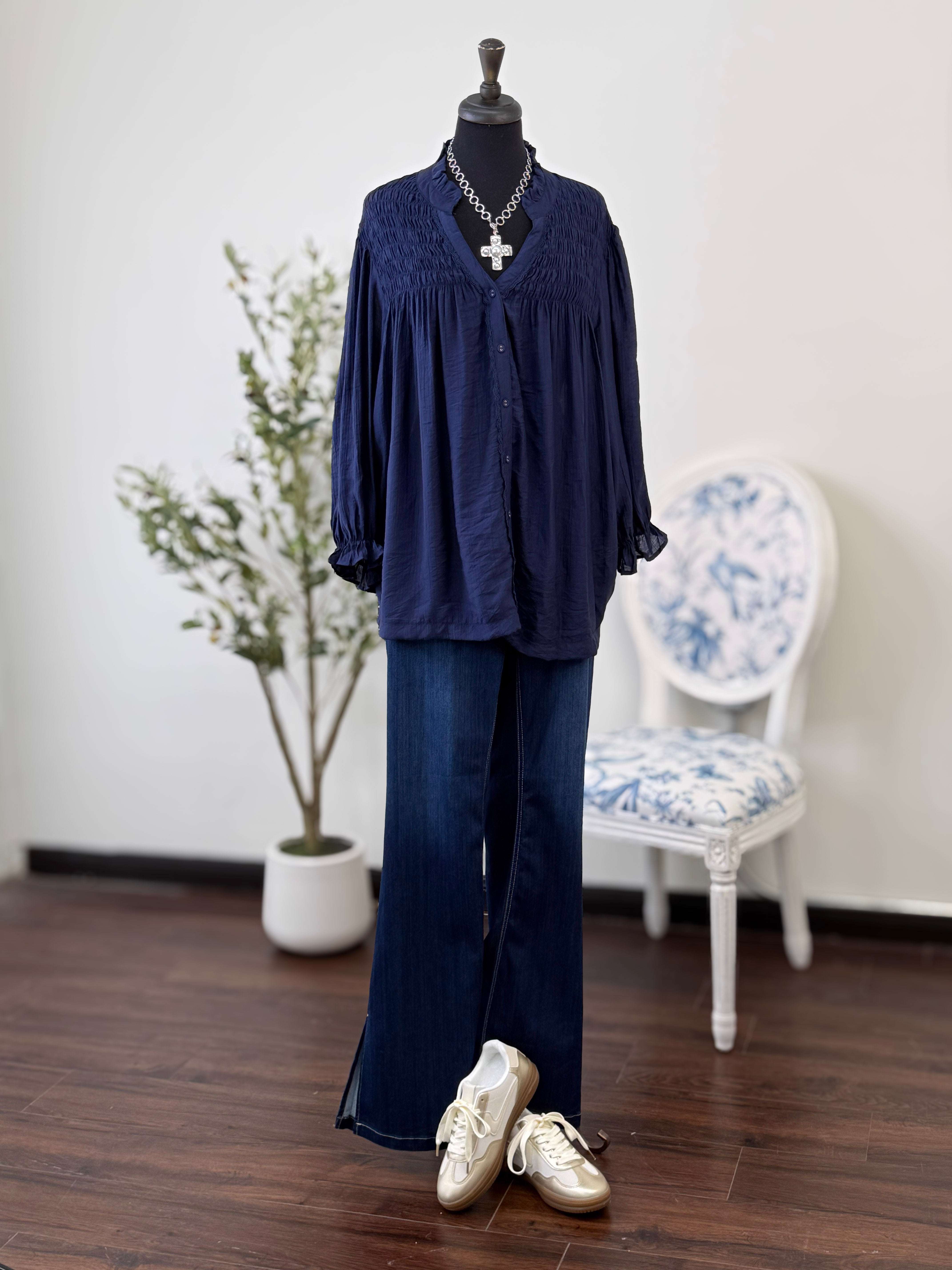 The Josie Smocked Blouse-Plus-Navy