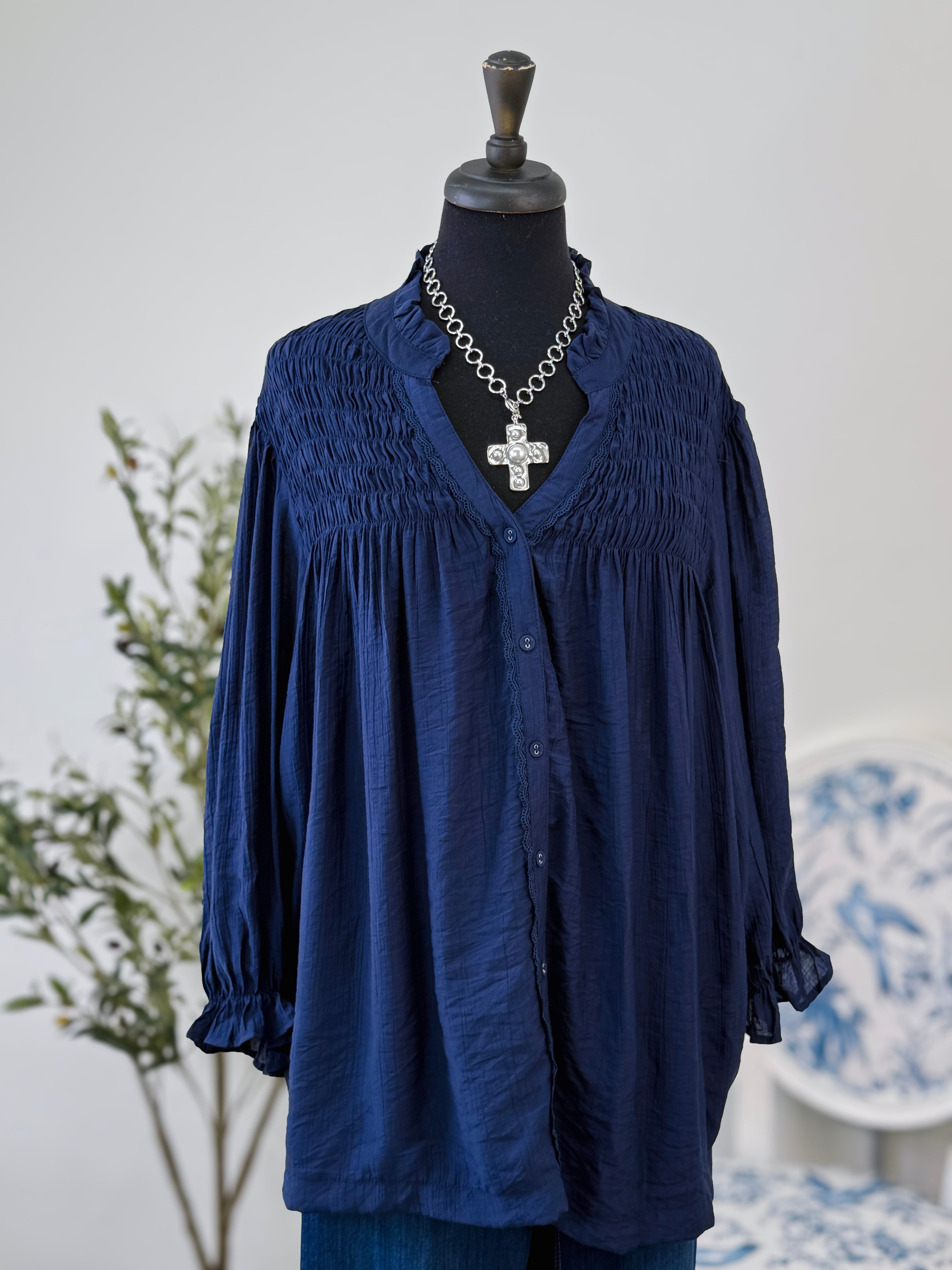 The Josie Smocked Blouse-Plus-Navy