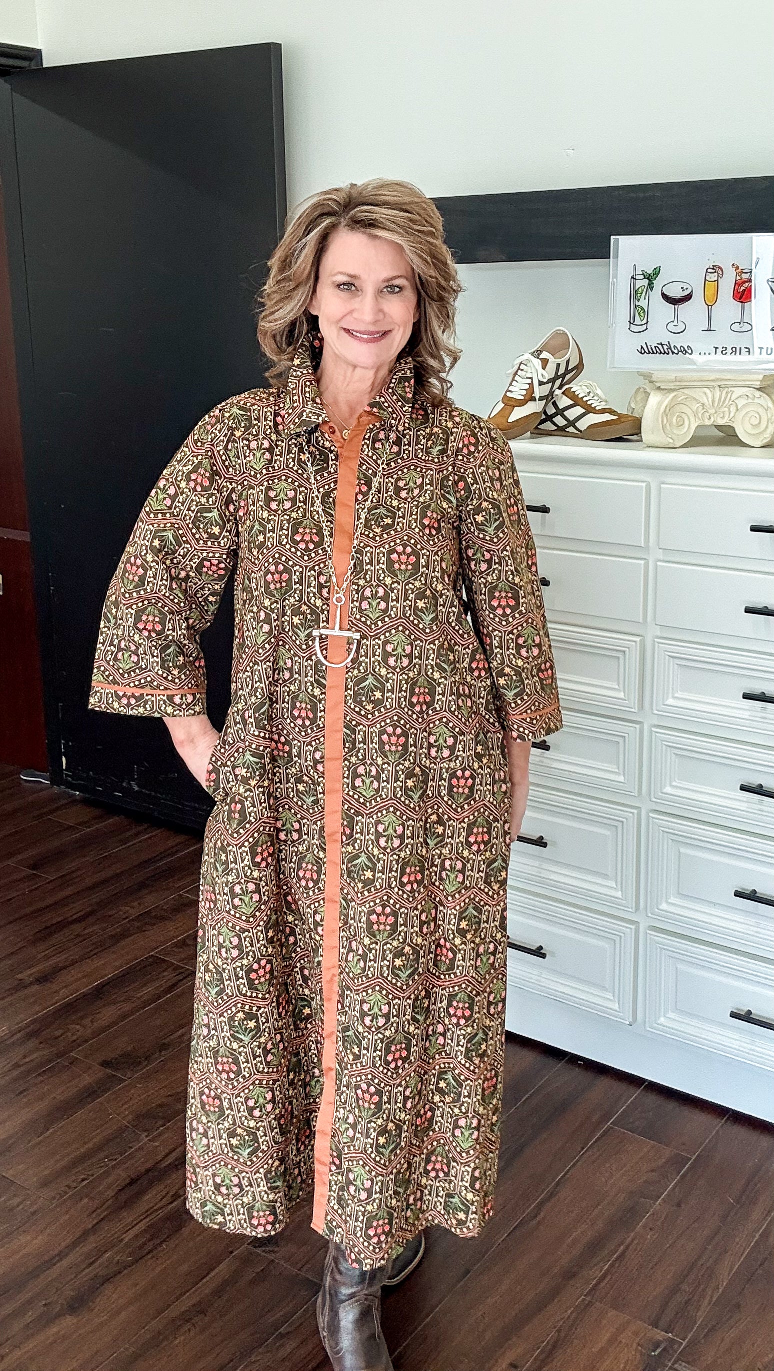 Floral Button Down Midi Dress-Olive/Toffee