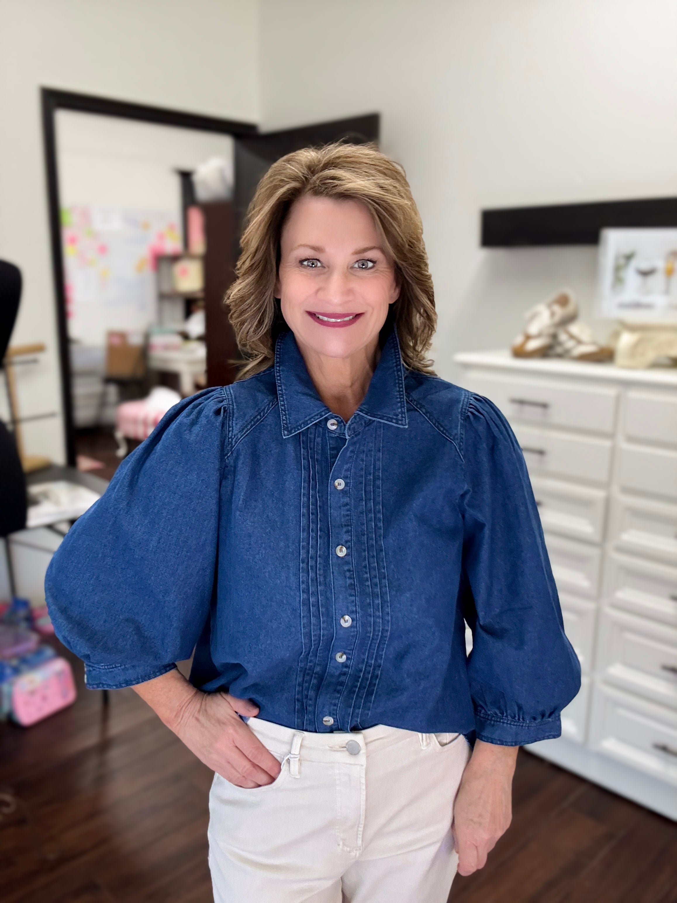 Denim Puff Sleeve Button Down Top