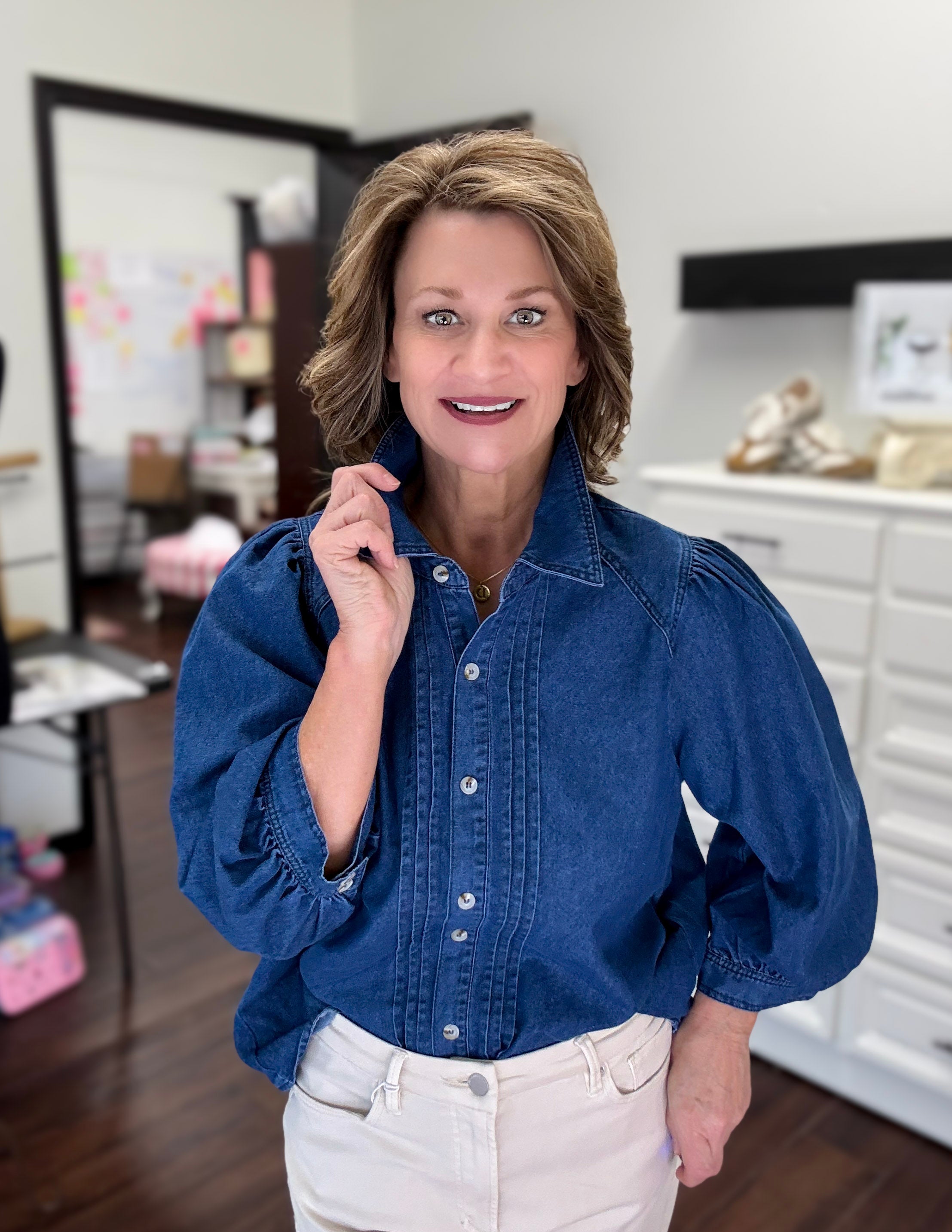 Denim Puff Sleeve Button Down Top