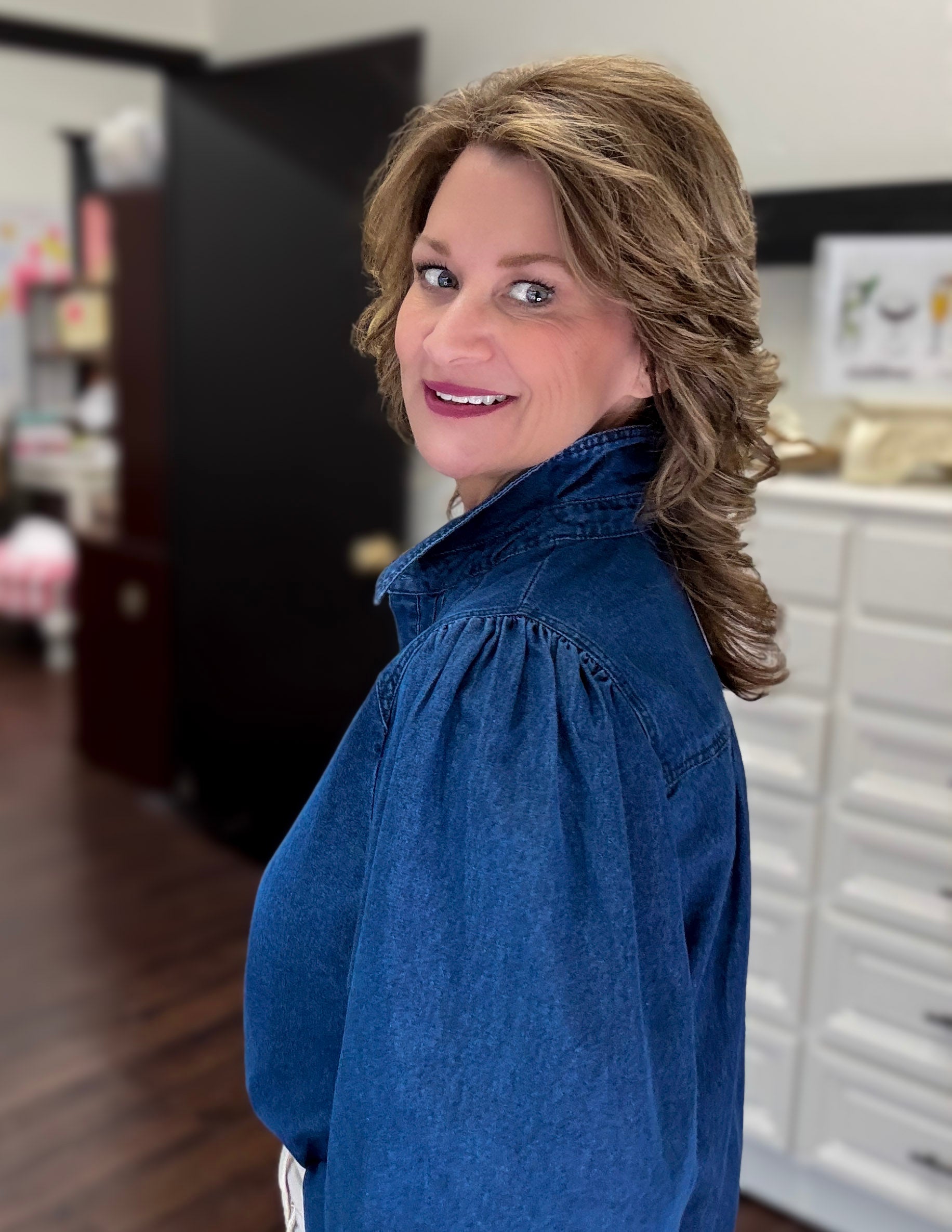Denim Puff Sleeve Button Down Top