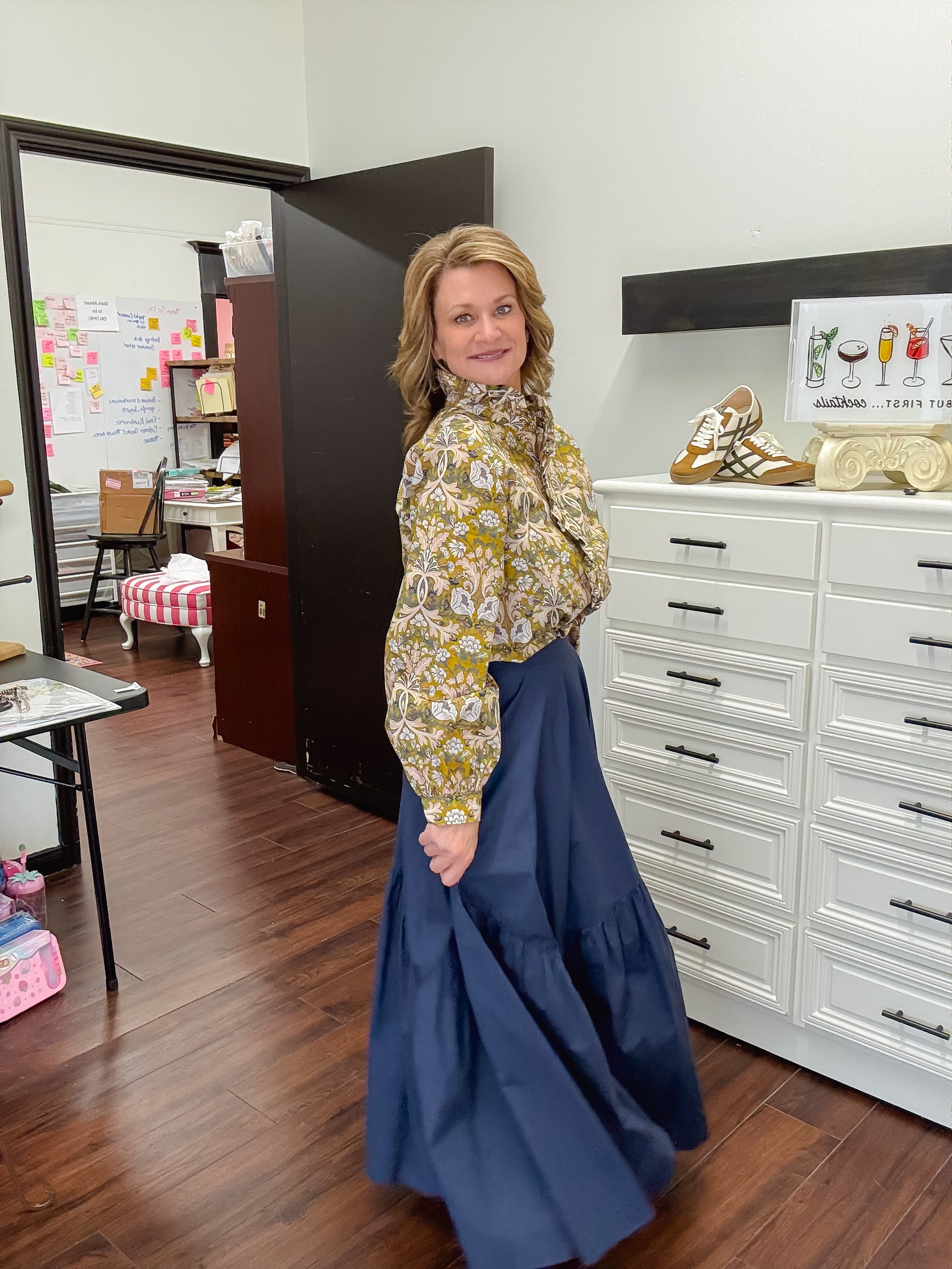 Evelyn Baroque Long Sleeve Button Down Blouse-Mustard Mix