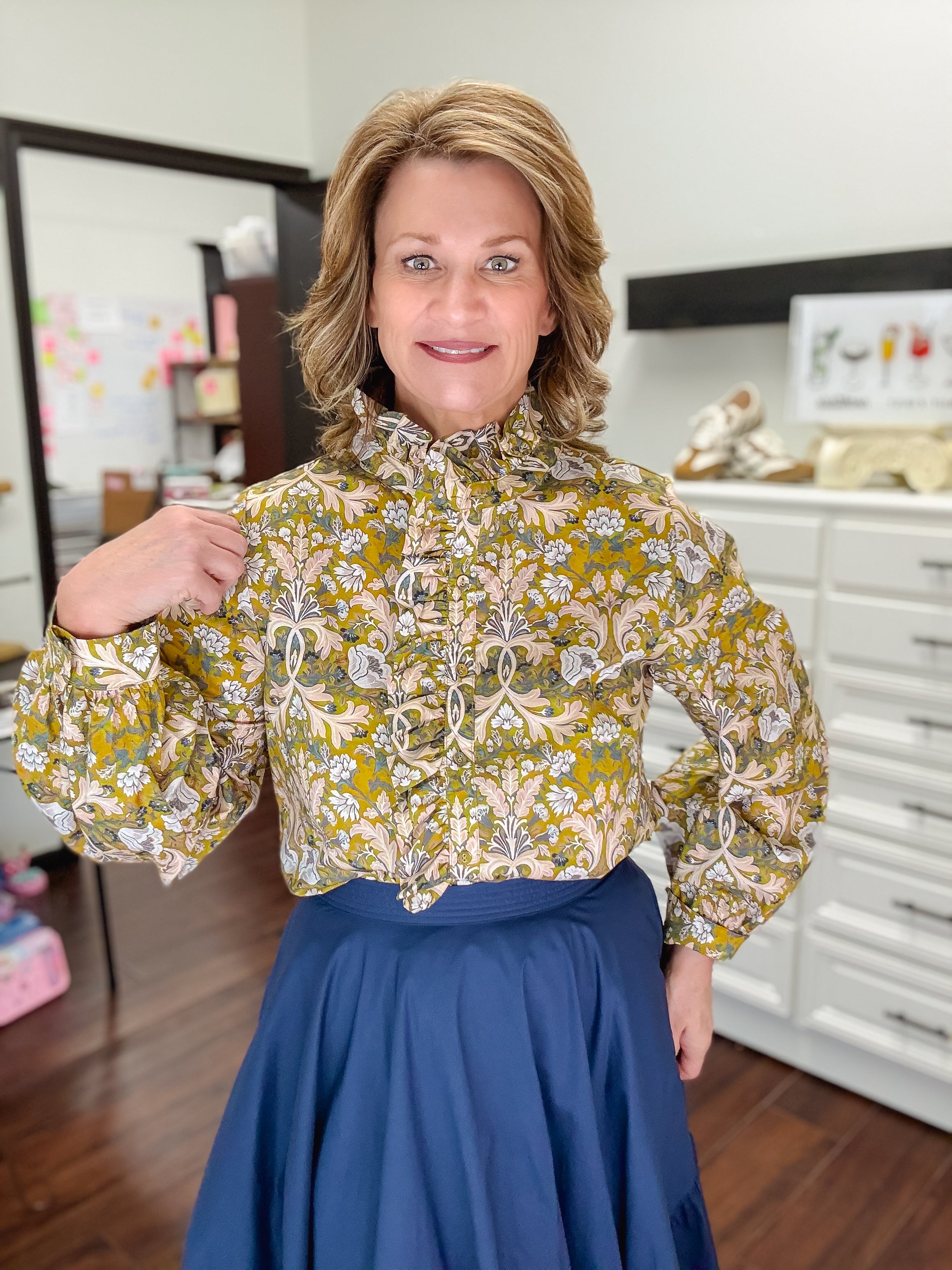Evelyn Baroque Long Sleeve Button Down Blouse-Mustard Mix