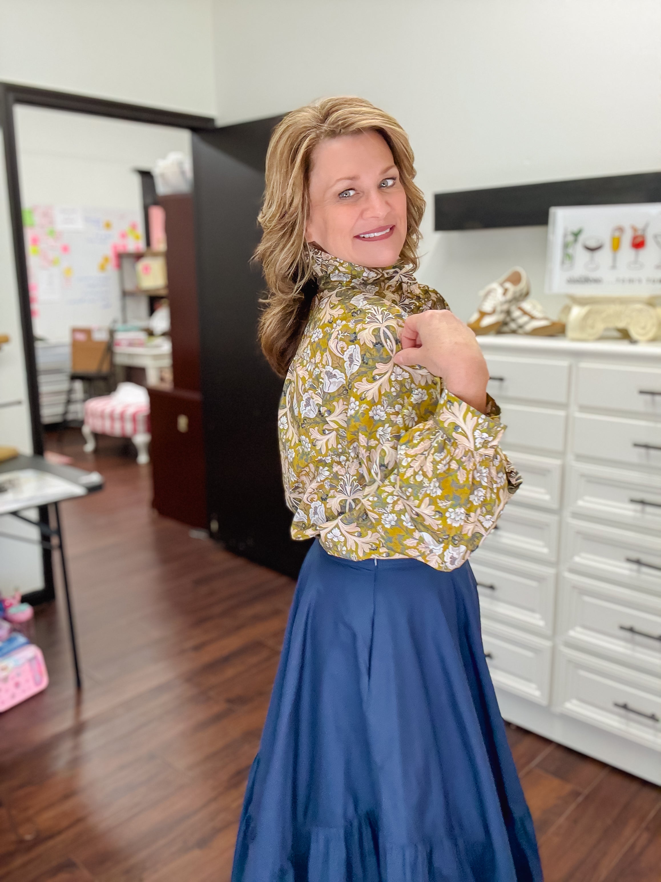 Evelyn Baroque Long Sleeve Button Down Blouse-Mustard Mix