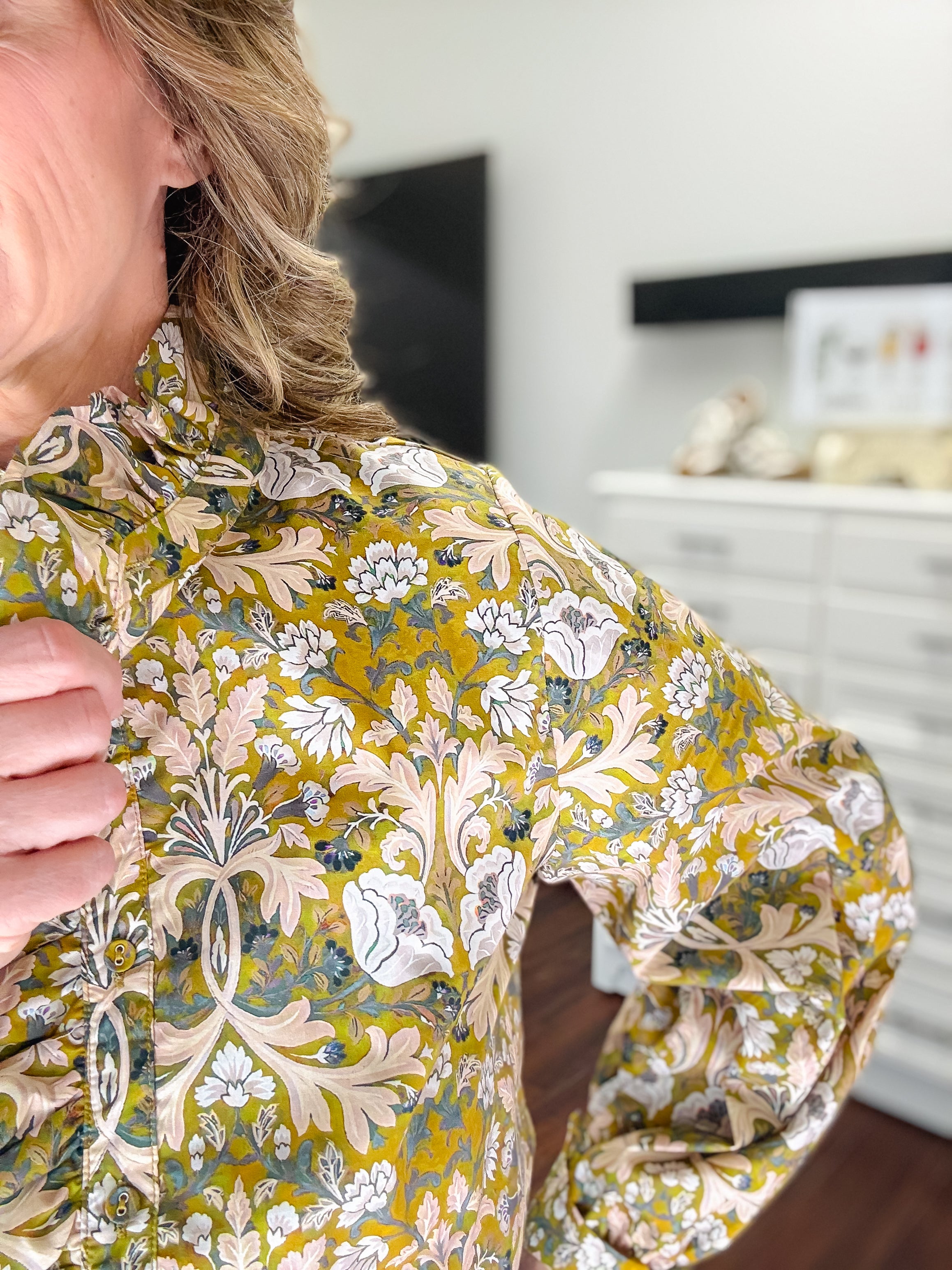Evelyn Baroque Long Sleeve Button Down Blouse-Mustard Mix