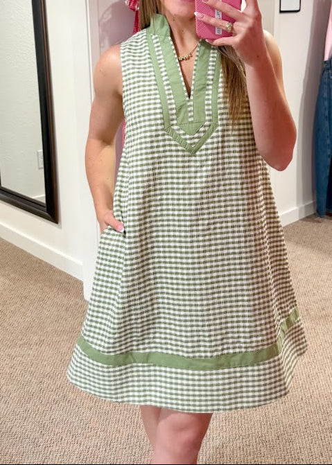 Market Morning Lined Gingham Dress - Matcha
