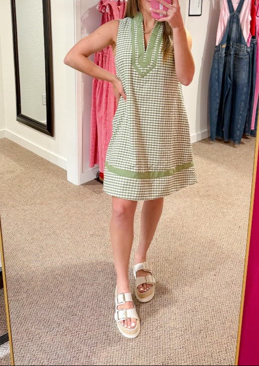Market Morning Lined Gingham Dress - Matcha