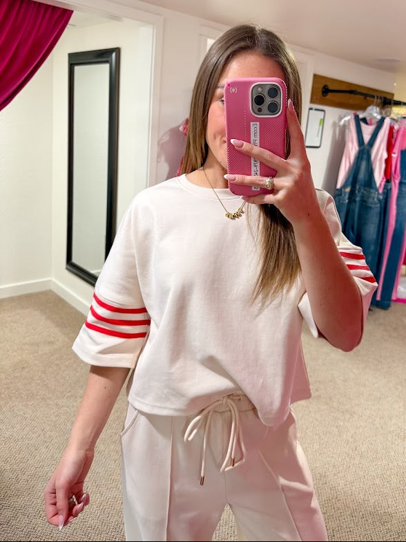 Colette Striped-Trim Top - Ecru