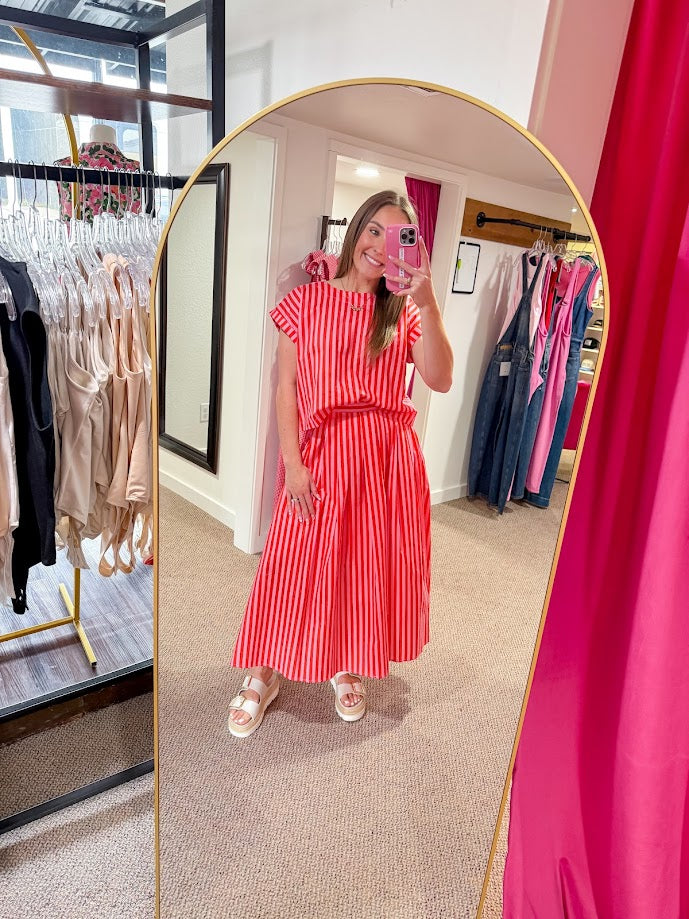 Days In The Sun Striped Midi Skirt