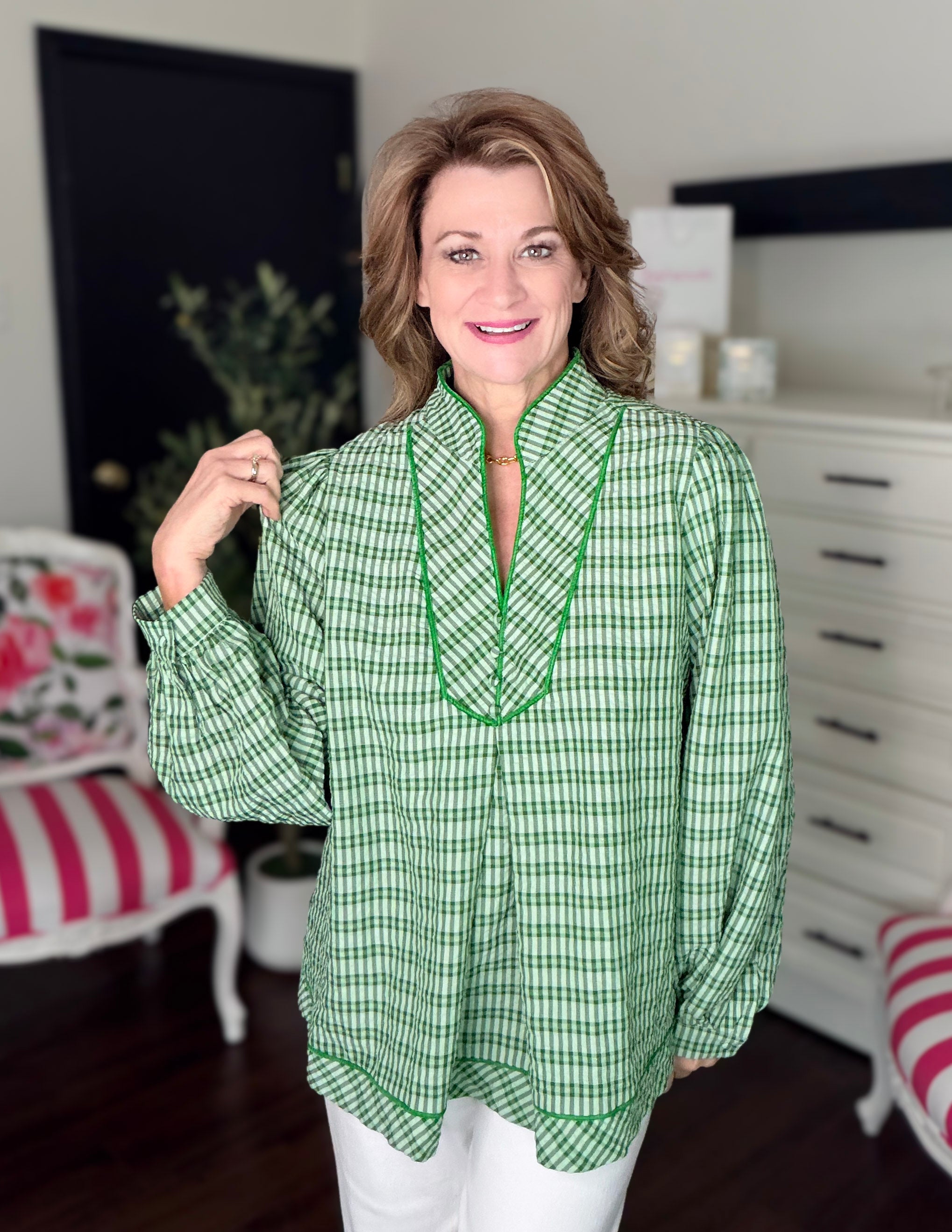 Kelly Plaid V-Neck Blouse- Kelly Green