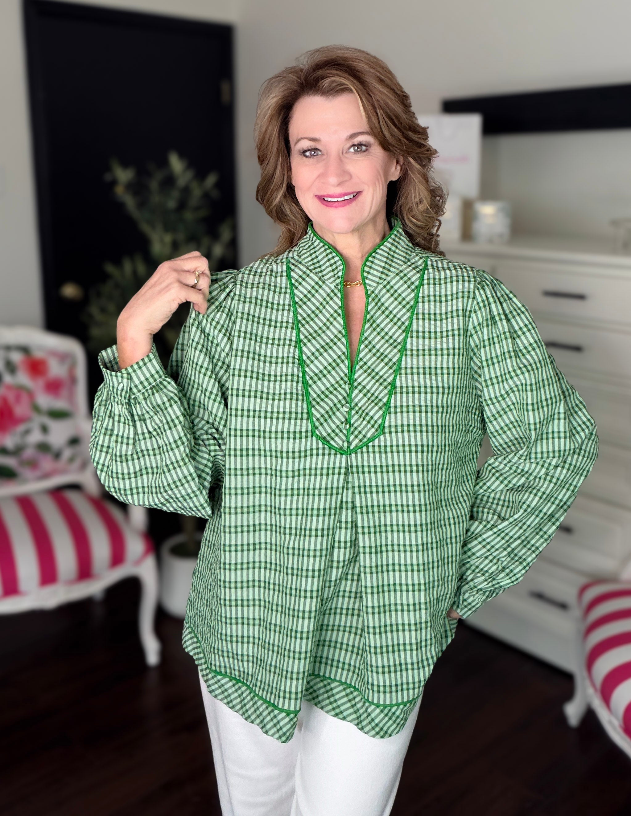 Kelly Plaid V-Neck Blouse- Kelly Green