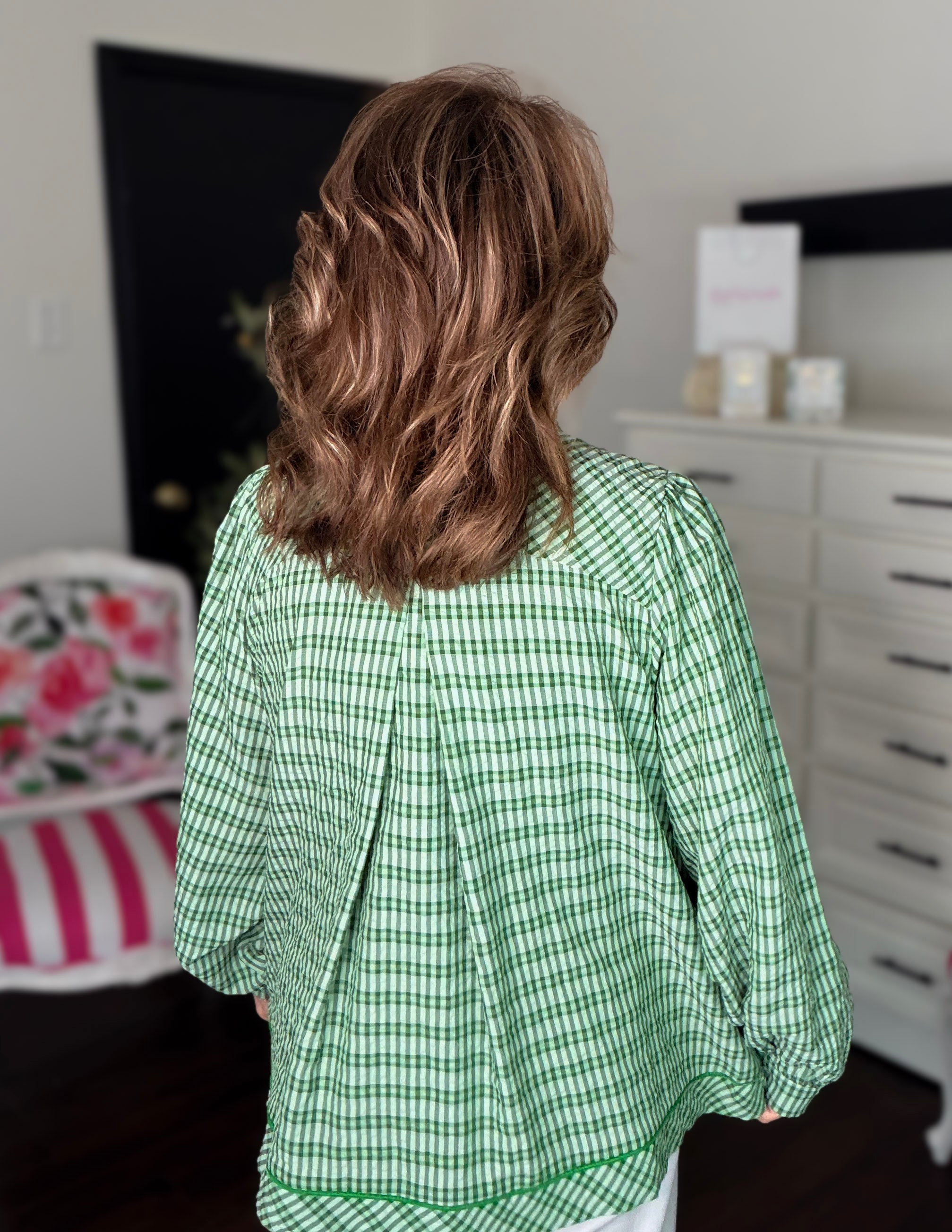 Kelly Plaid V-Neck Blouse- Kelly Green