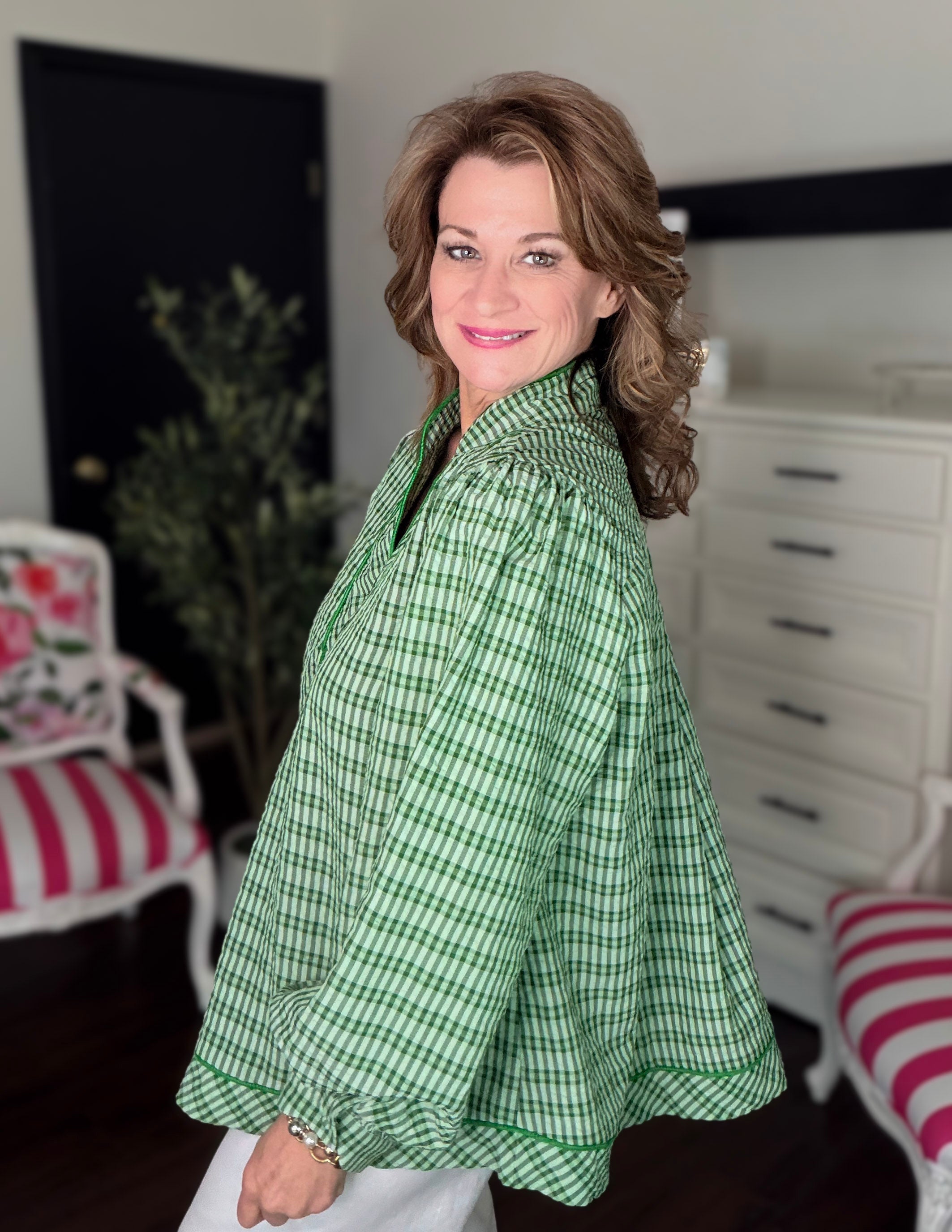 Kelly Plaid V-Neck Blouse- Kelly Green