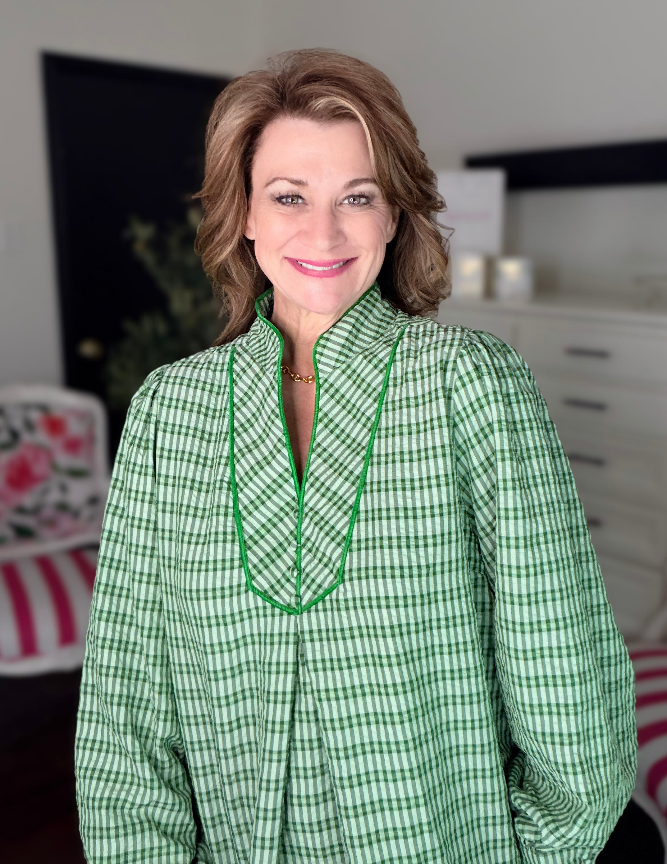 Kelly Plaid V-Neck Blouse- Kelly Green