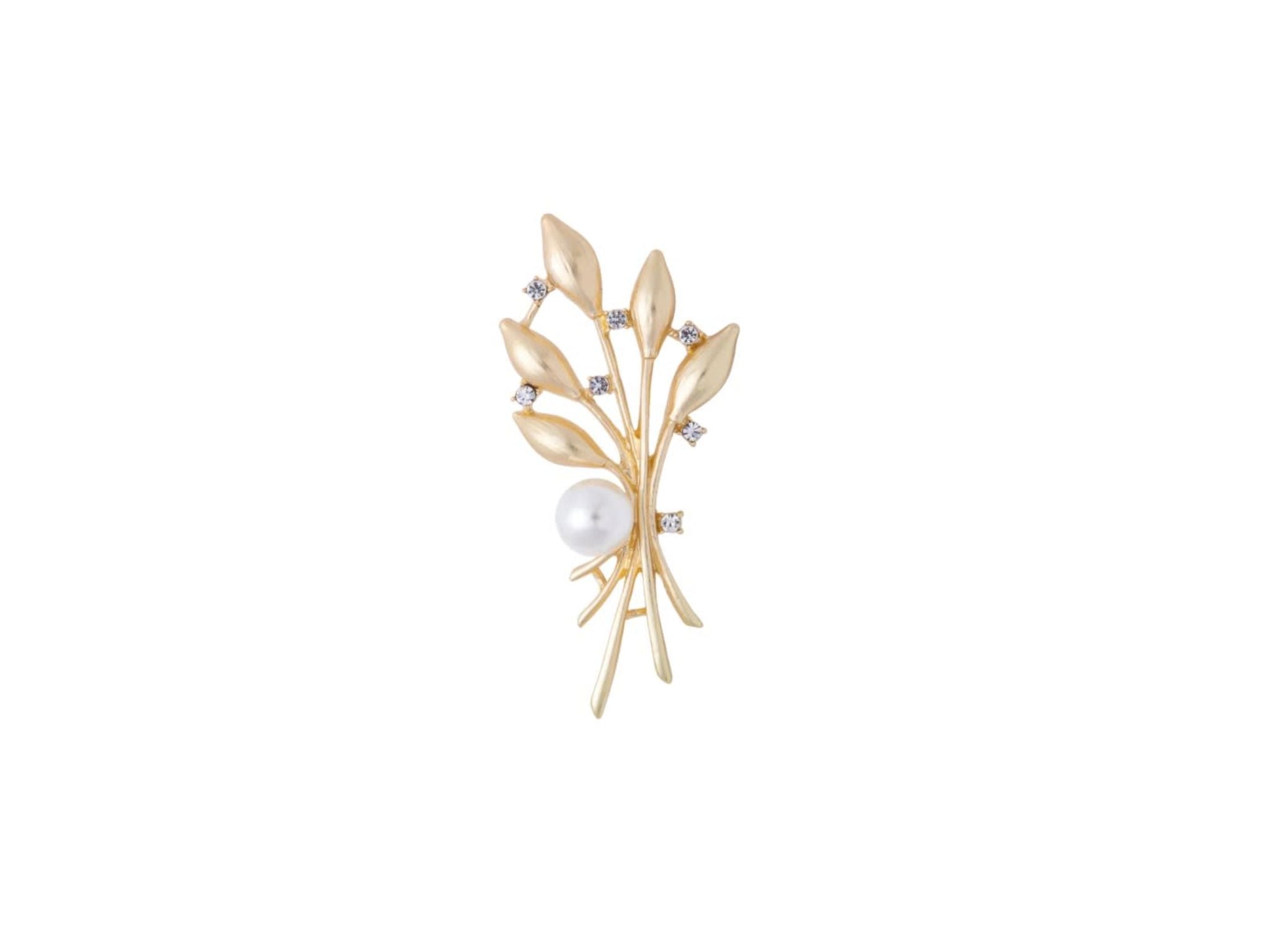 Brushed Gold Pearl Flower Leaves Diamond Brooch