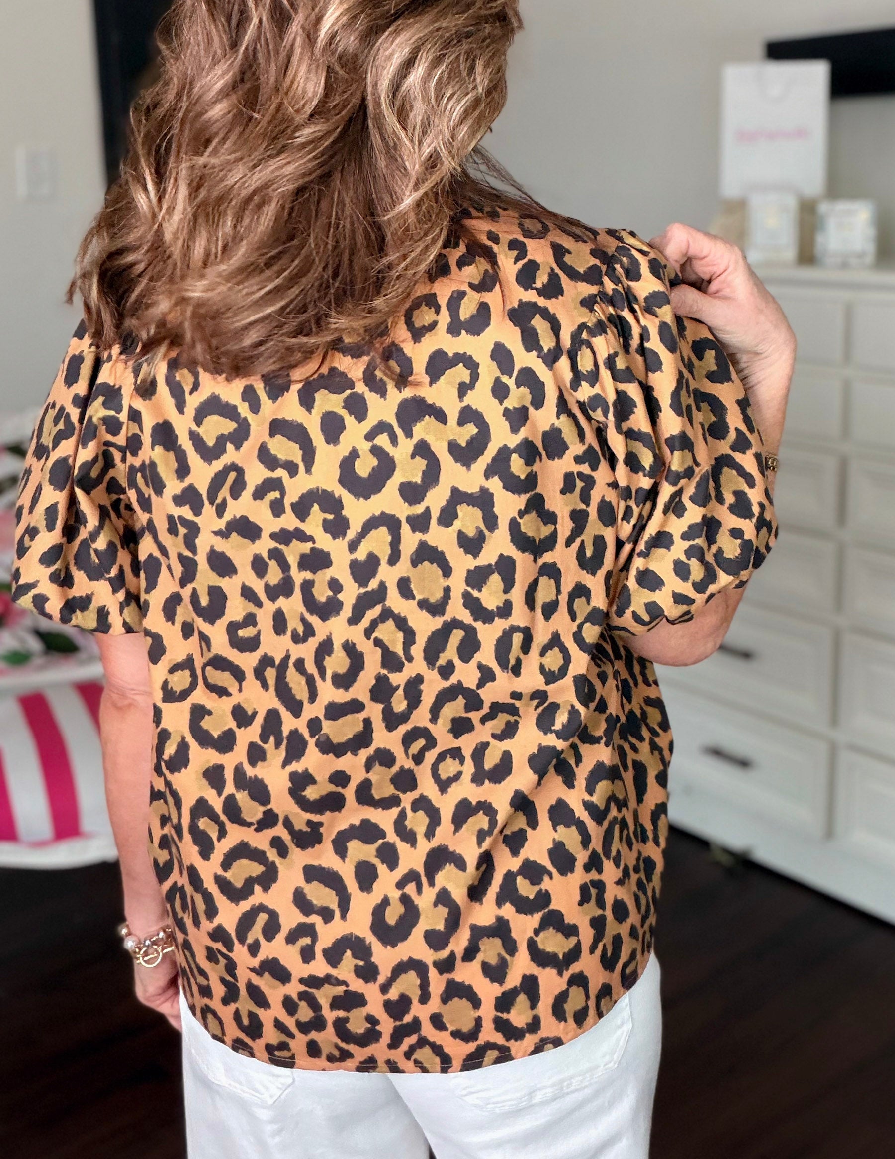 Leopard Print Short Puff Sleeve Top-Taupe