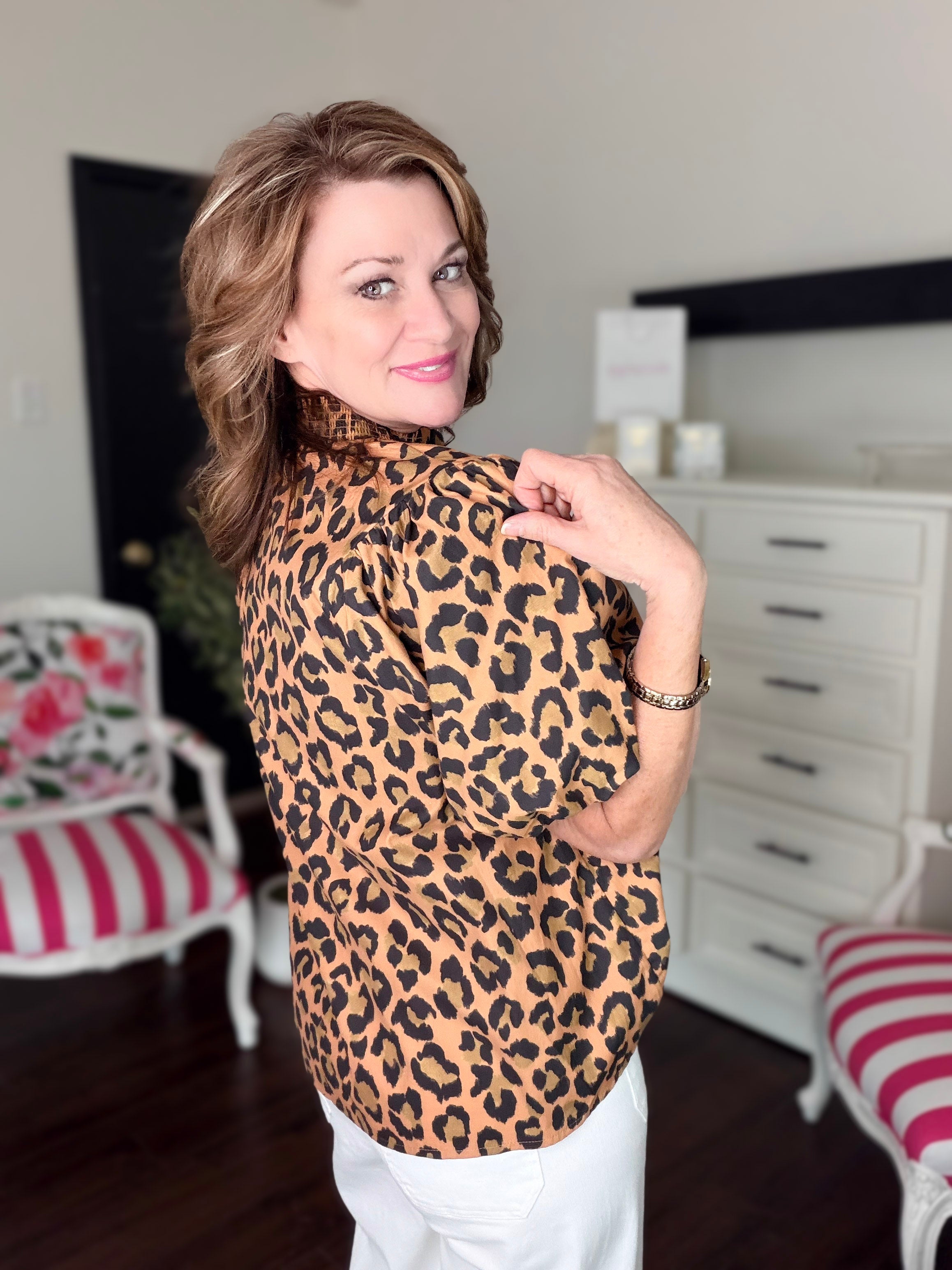 Leopard Print Short Puff Sleeve Top-Taupe