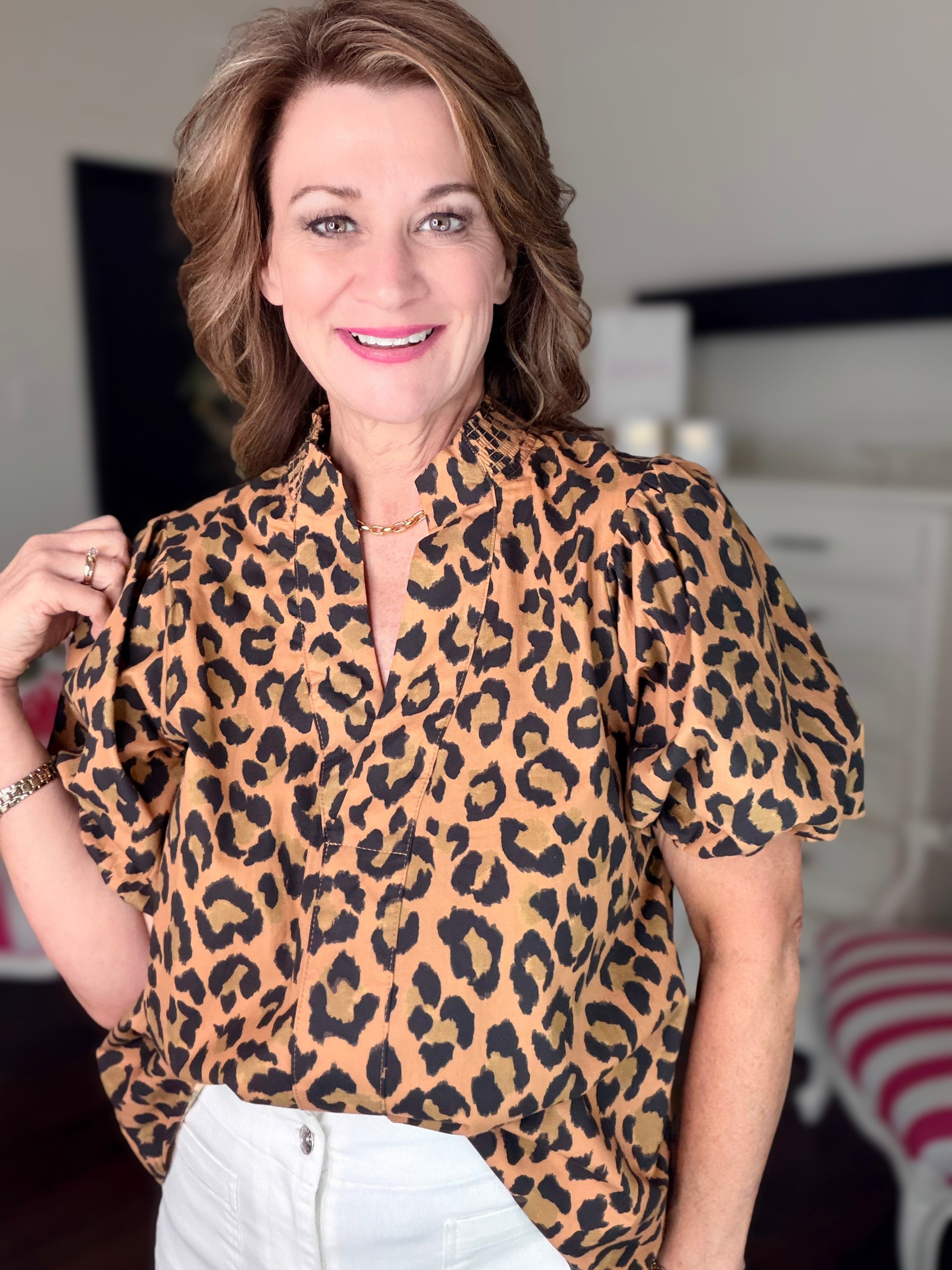Leopard Print Short Puff Sleeve Top-Taupe