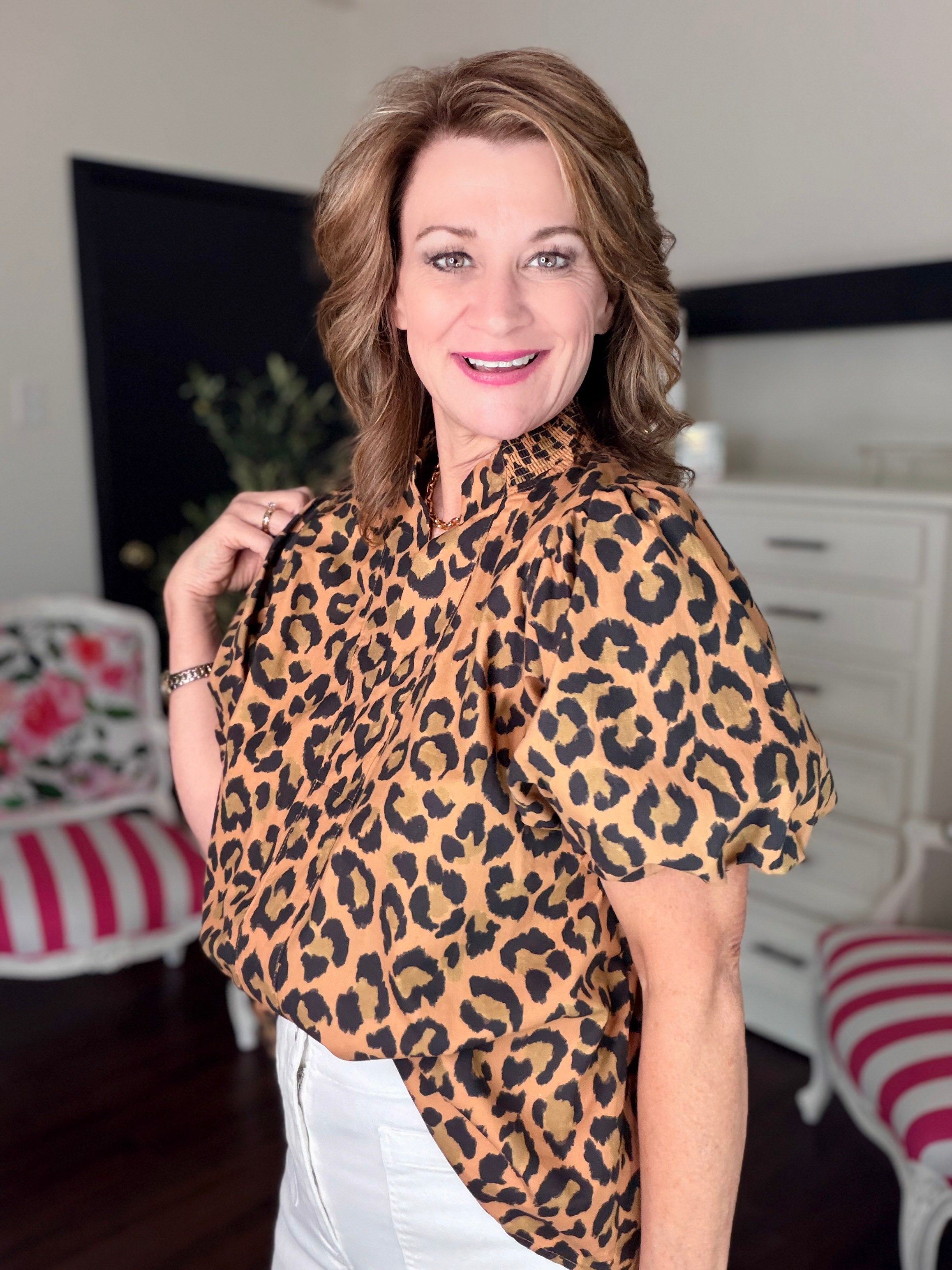 Leopard Print Short Puff Sleeve Top-Taupe