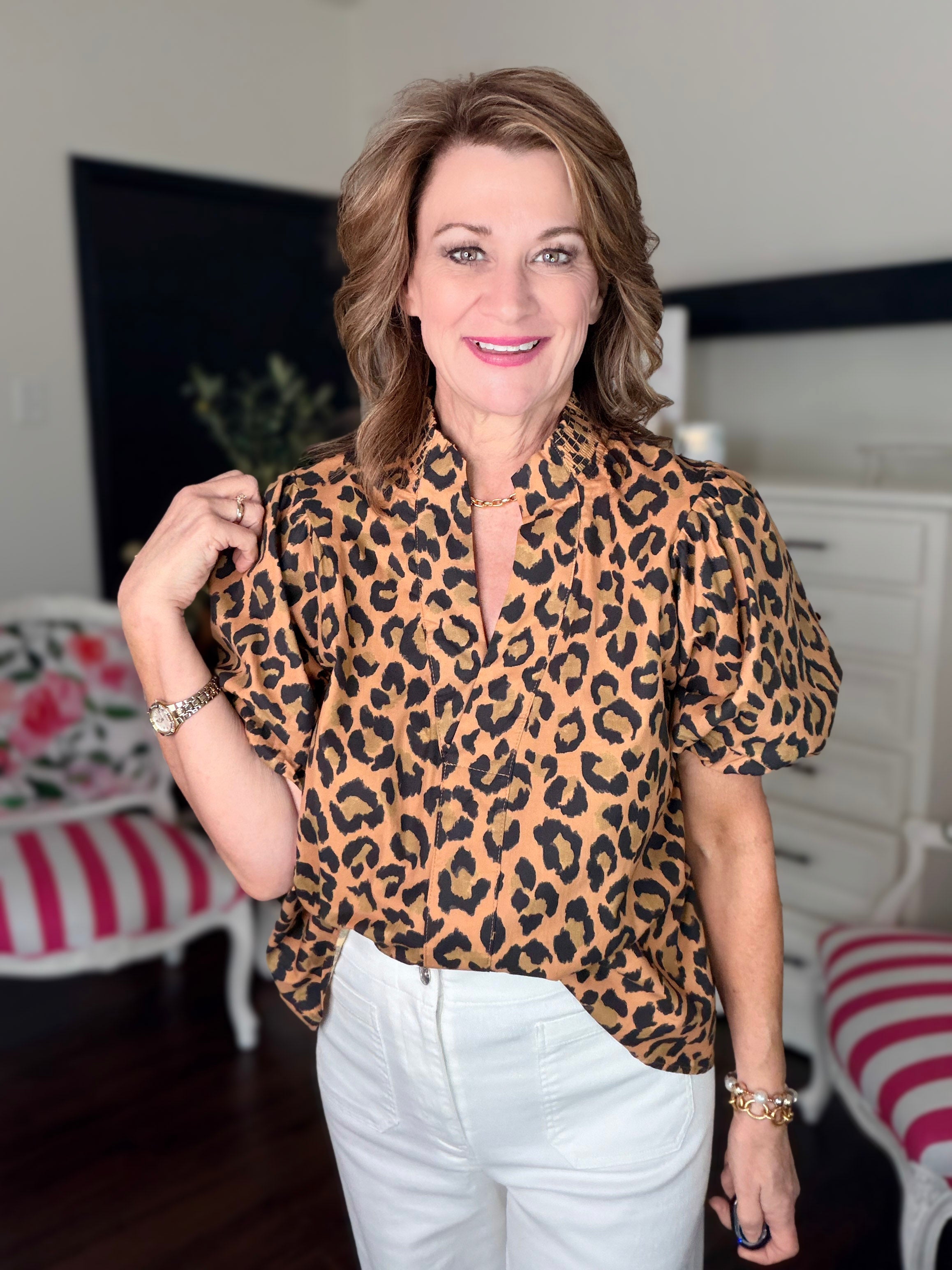Leopard Print Short Puff Sleeve Top-Taupe