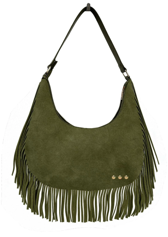 Loretta  Suede Fringe Slouchy Bag- Olive
