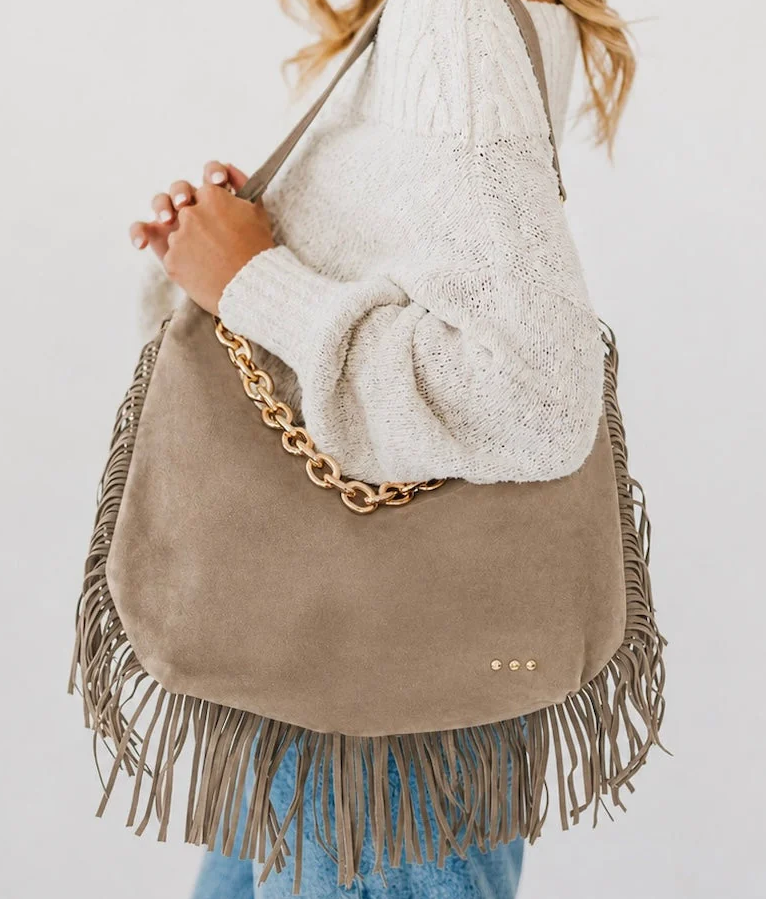 Loretta Suede Fring Slouchy  Bag- Taupe