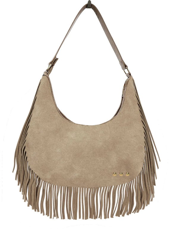 Loretta Suede Fring Slouchy  Bag- Taupe