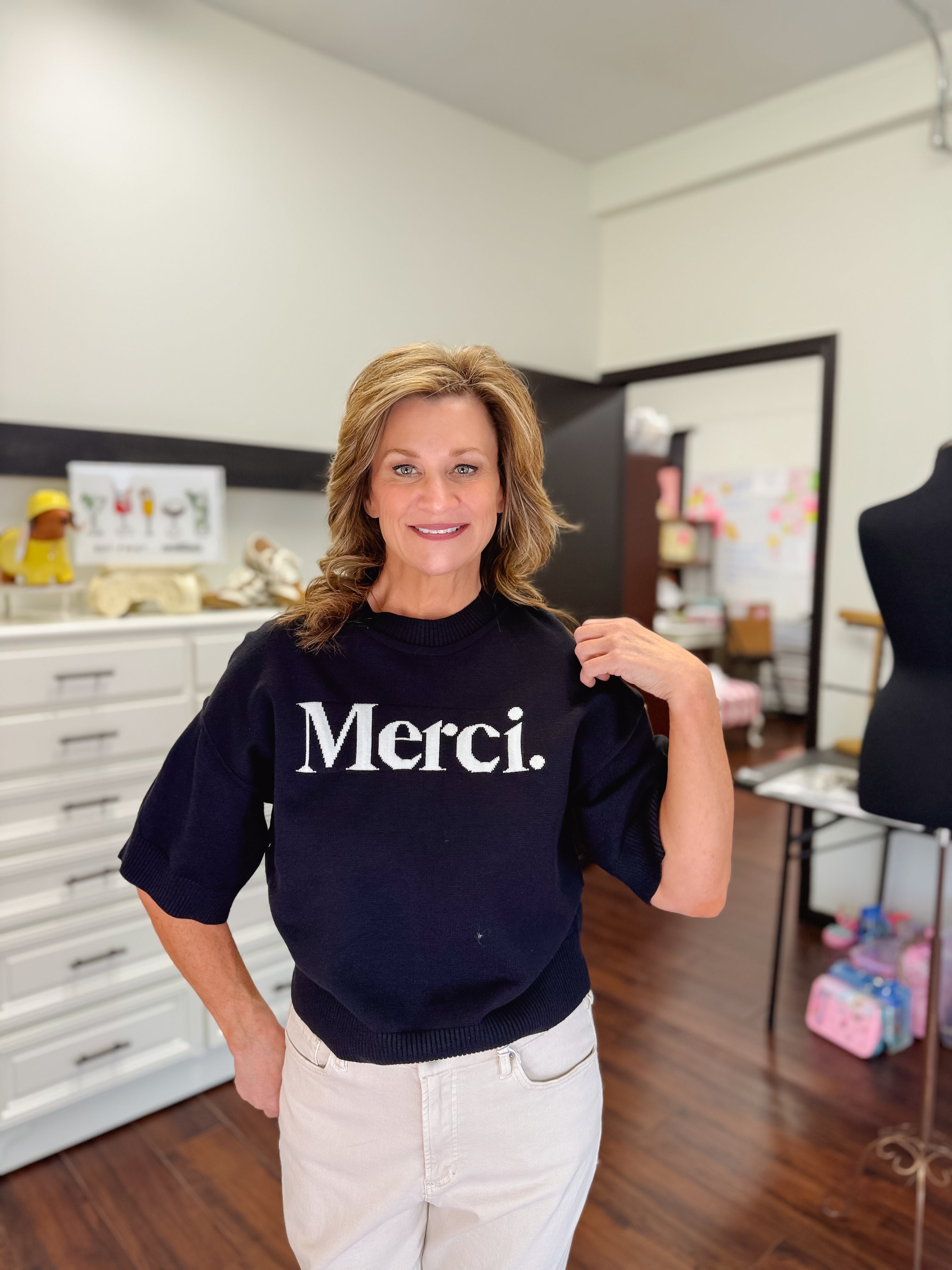 'Merci' Knitted Short Sleeve Sweater-Black