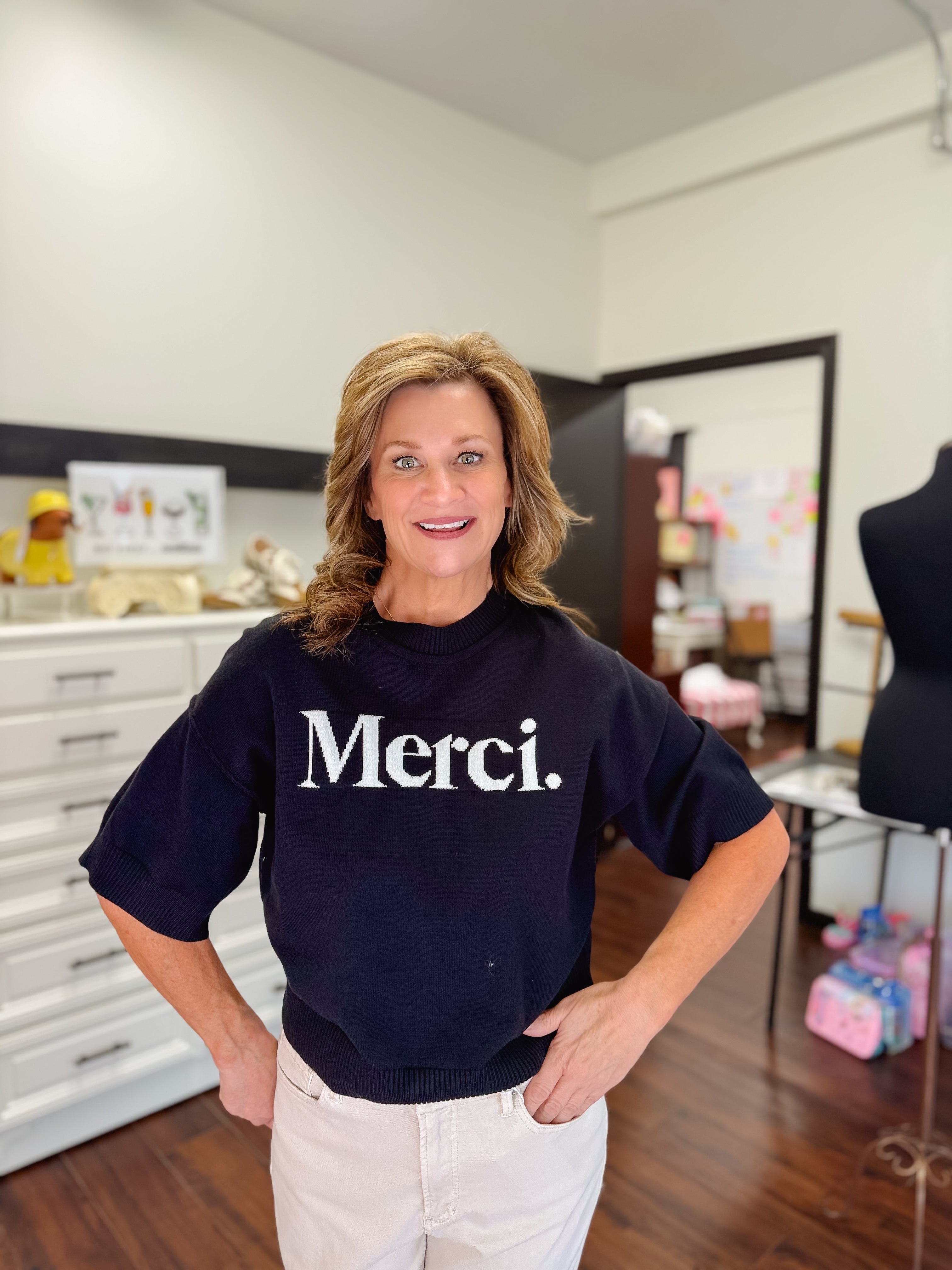 'Merci' Knitted Short Sleeve Sweater-Black