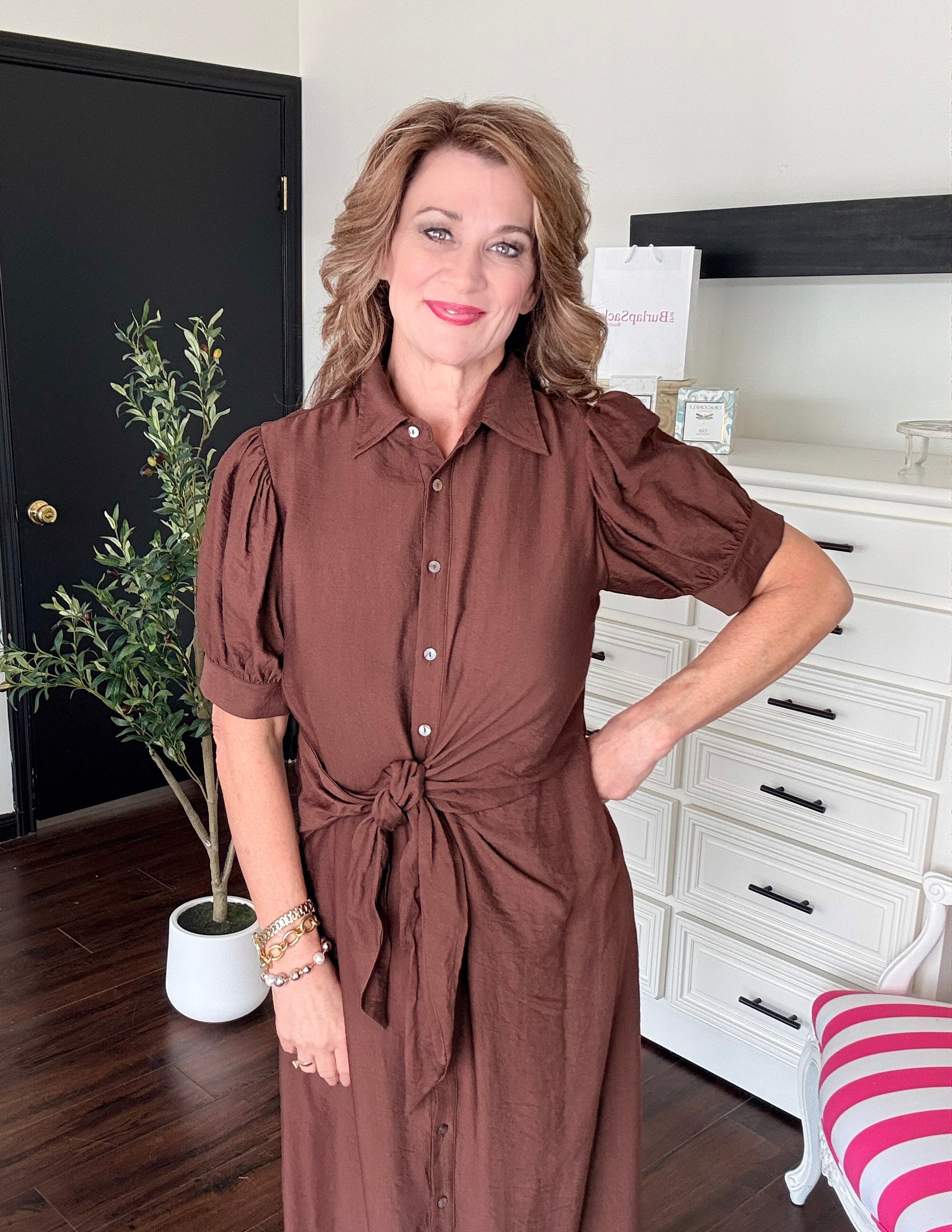 Perfect Bow Dress-Brown