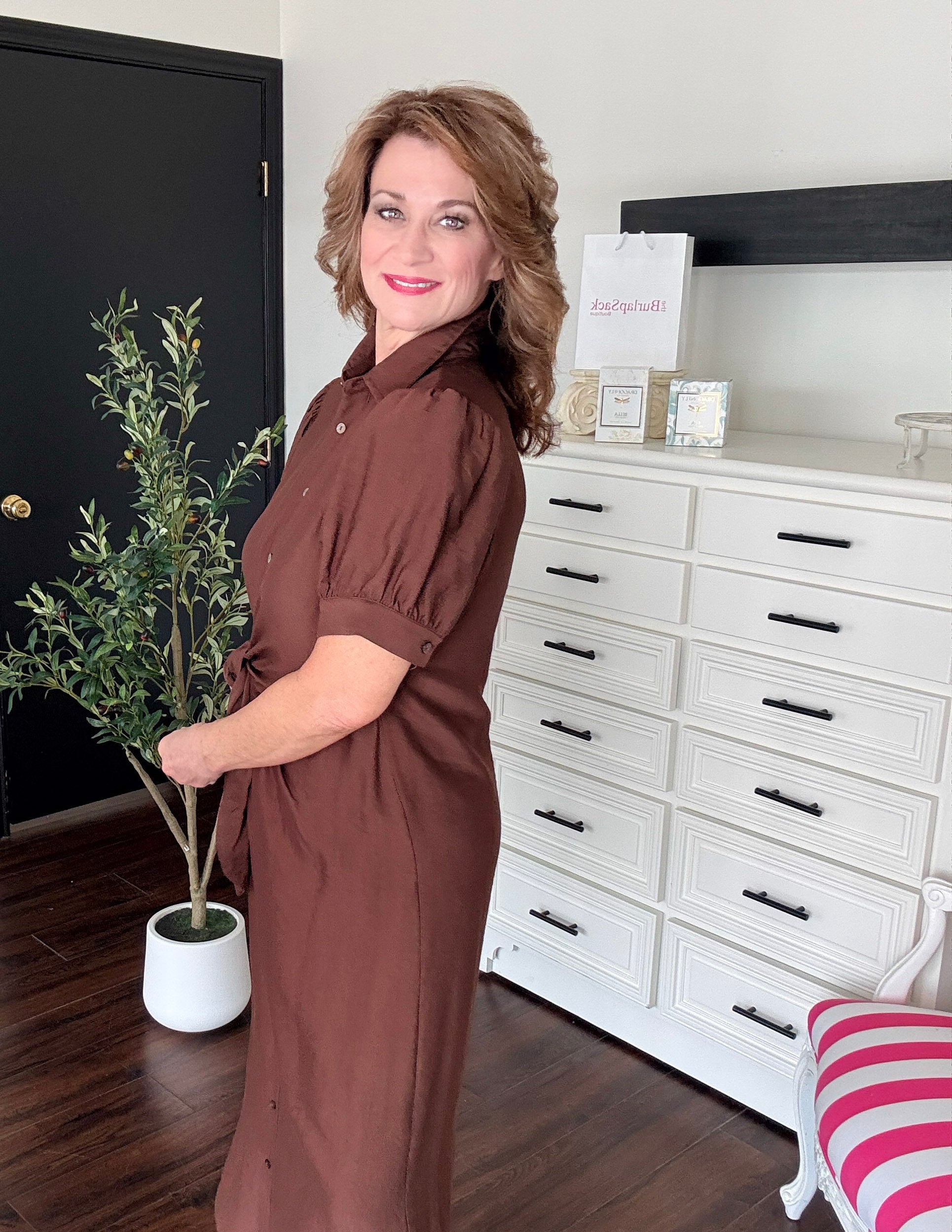 Perfect Bow Dress-Brown