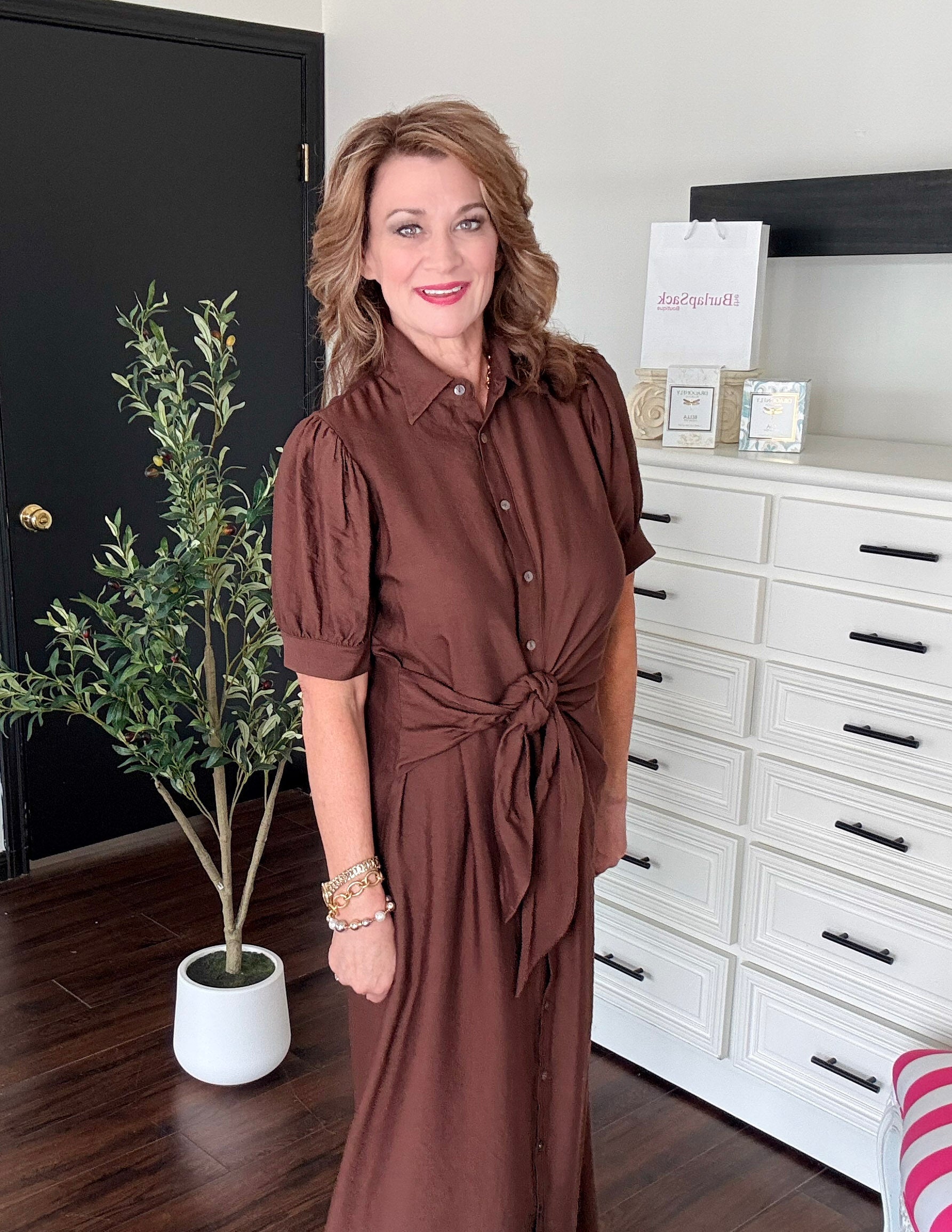 Perfect Bow Dress-Brown