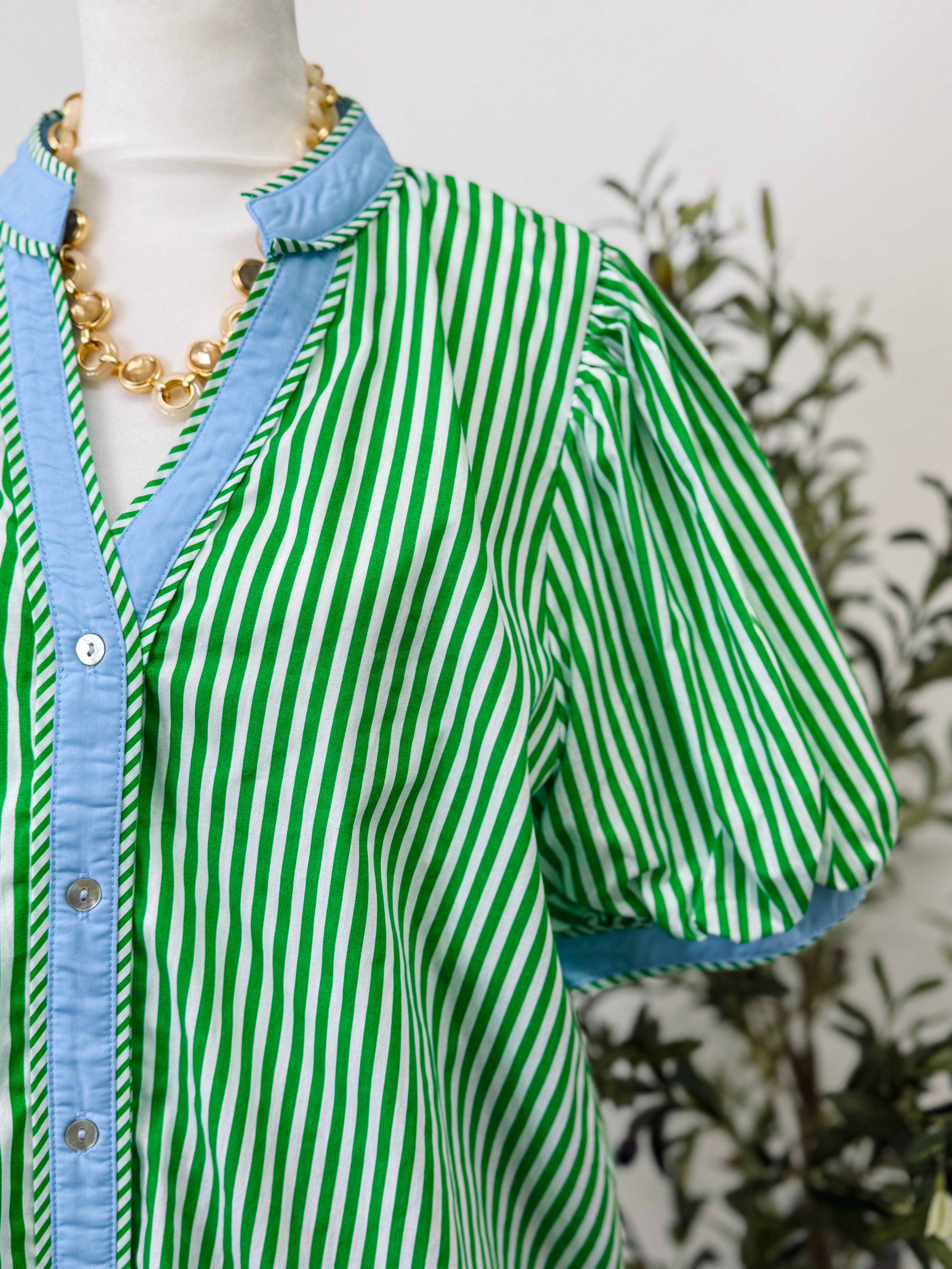 [Plus] Sweet Stripe Sleeve Blouse- Green