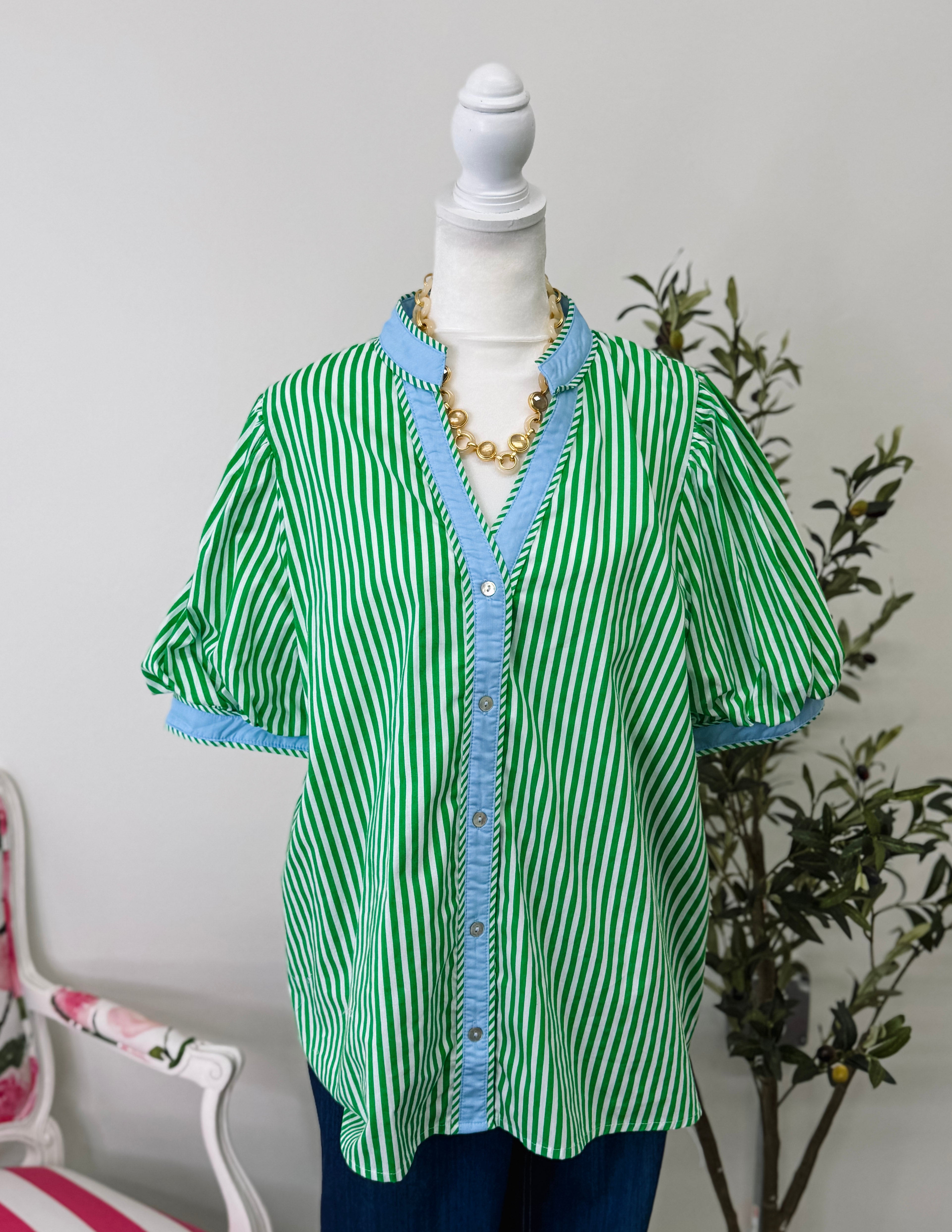 [Plus] Sweet Stripe Sleeve Blouse- Green