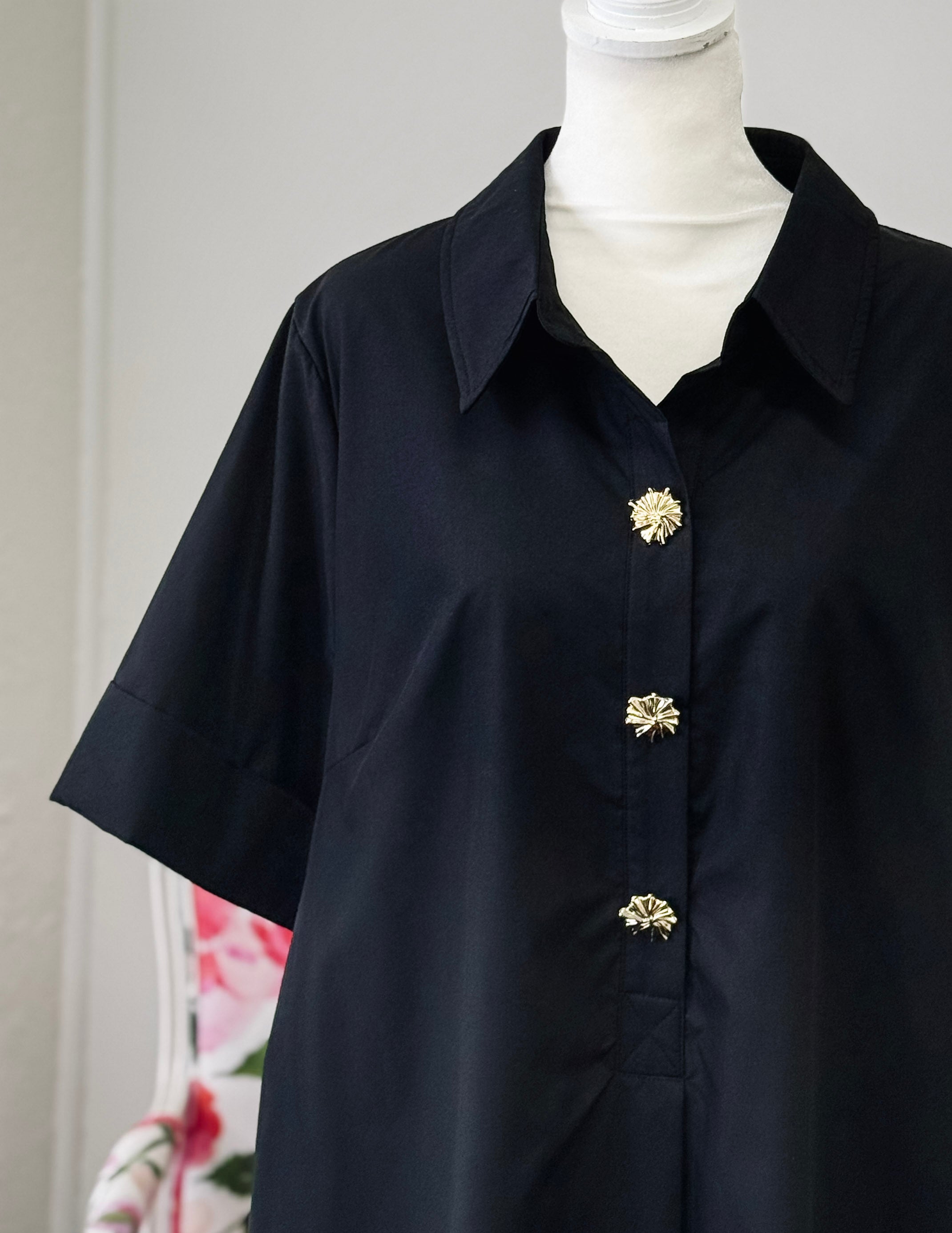 [Plus]Gold Button Dress-Black