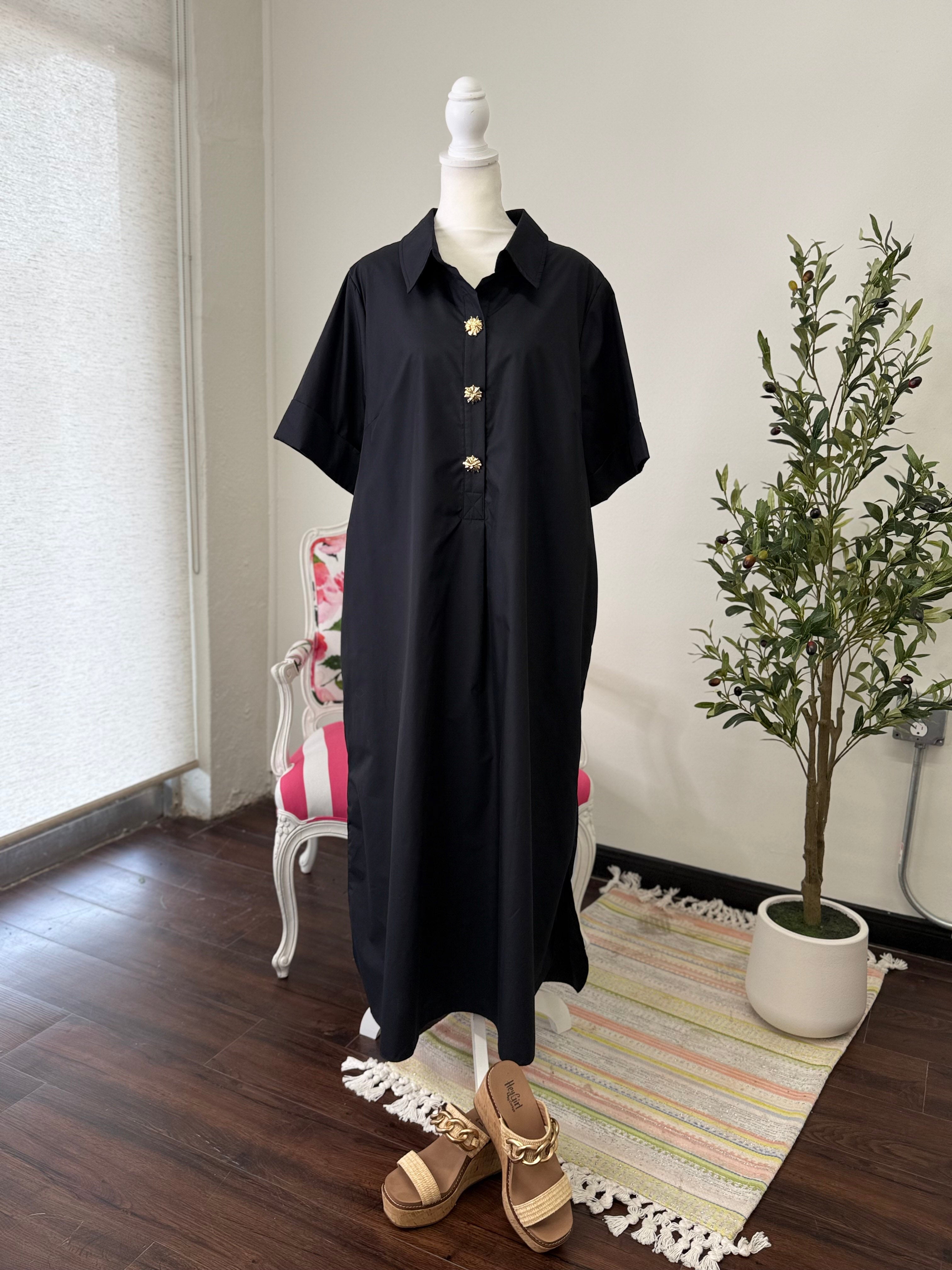 [Plus]Gold Button Dress-Black