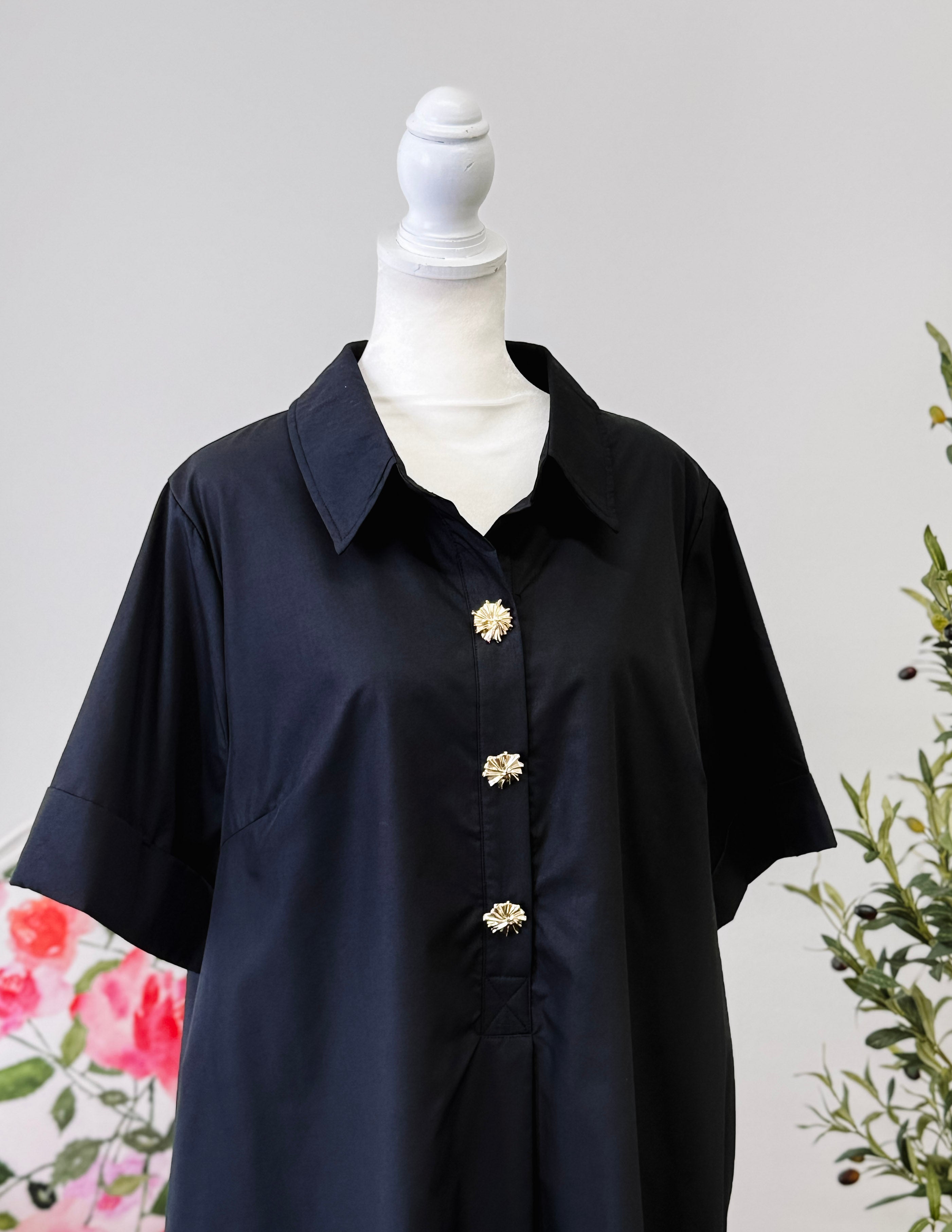 [Plus]Gold Button Dress-Black