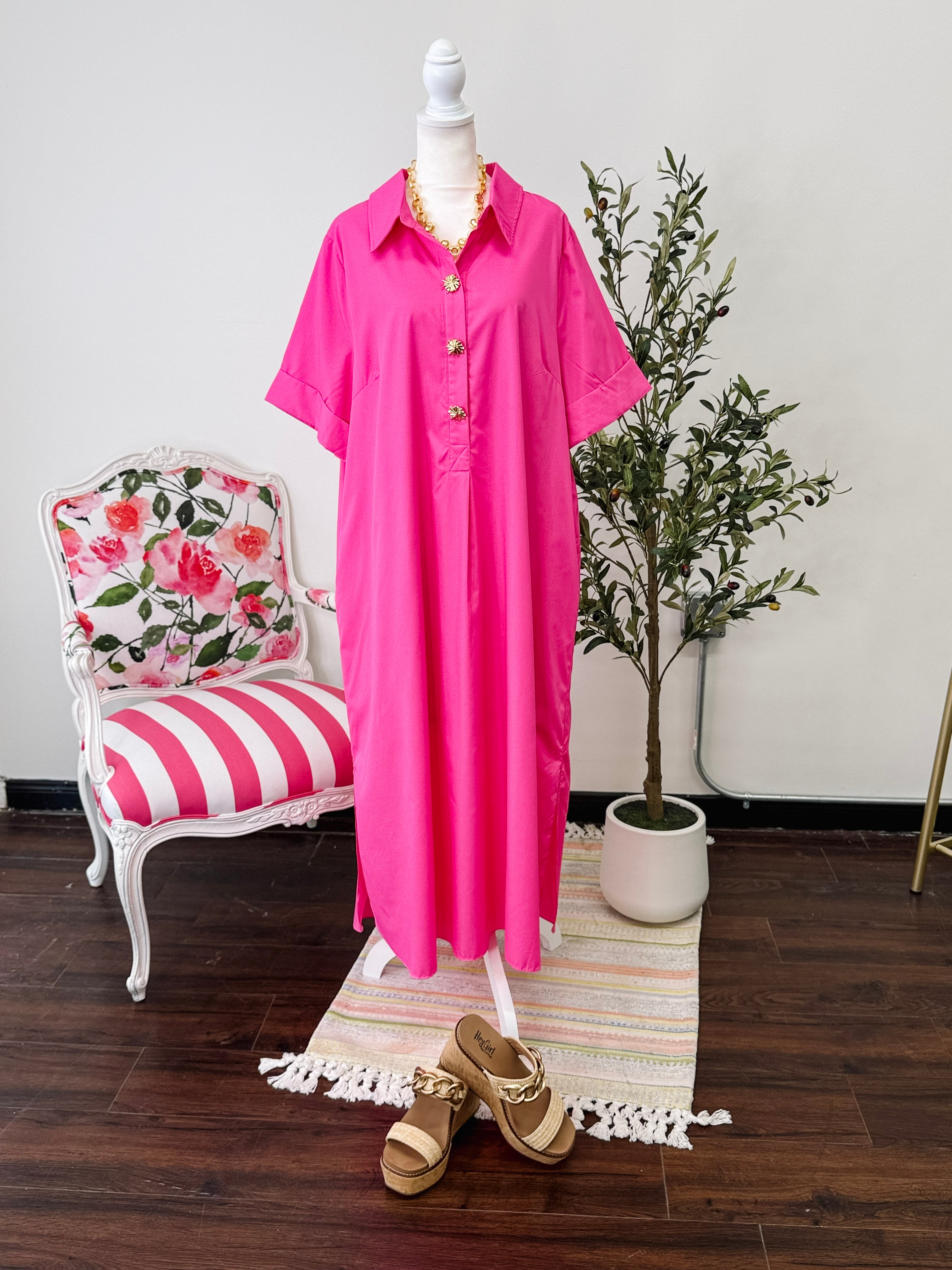 [Plus] Gold Button Dress-Pink
