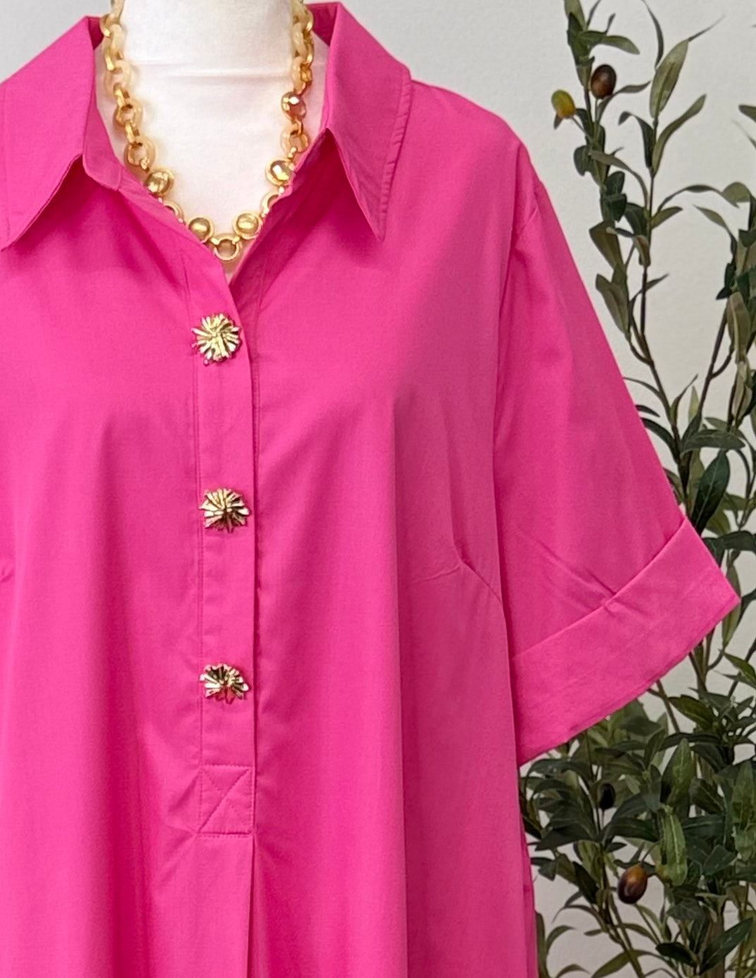 [Plus] Gold Button Dress-Pink